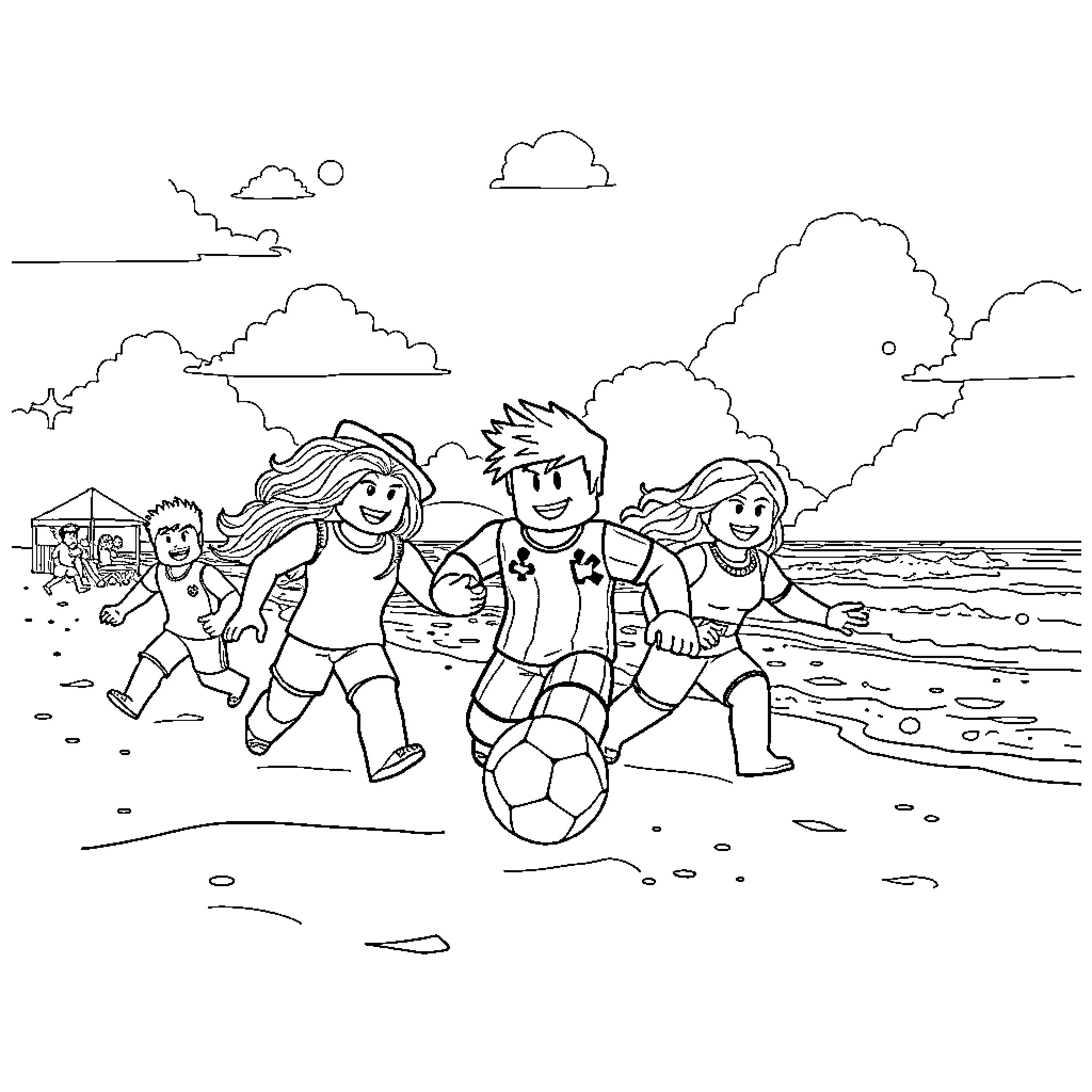 Roblox Character Playing Soccer on the Beach Coloring Page (free black-and-white line drawing printable PDF for all, from beginners to advanced learners, including children, teens, adults, and seniors)