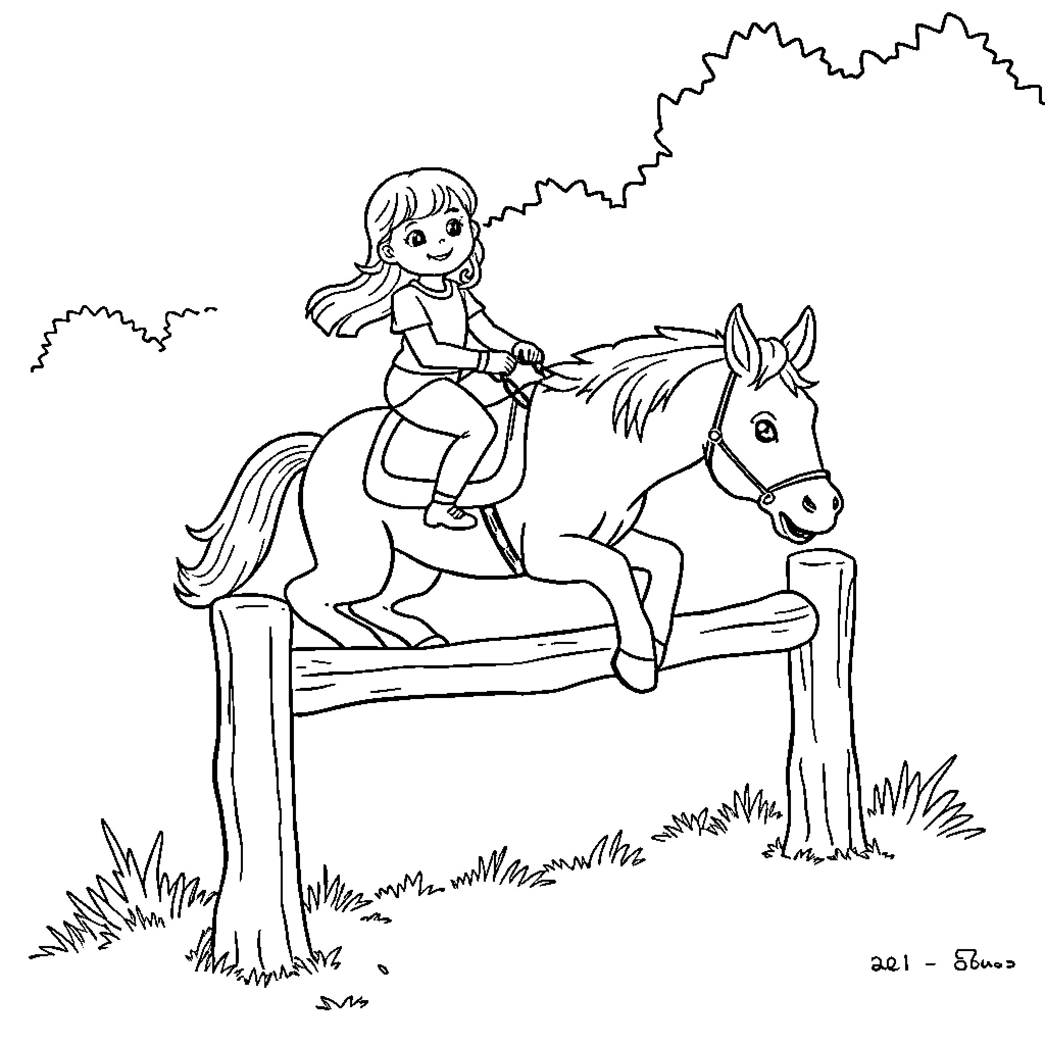 Girl riding a horse over a fence Coloring Page (free black-and-white line drawing printable PDF for all, from beginners to advanced learners, including children, teens, adults, and seniors)
