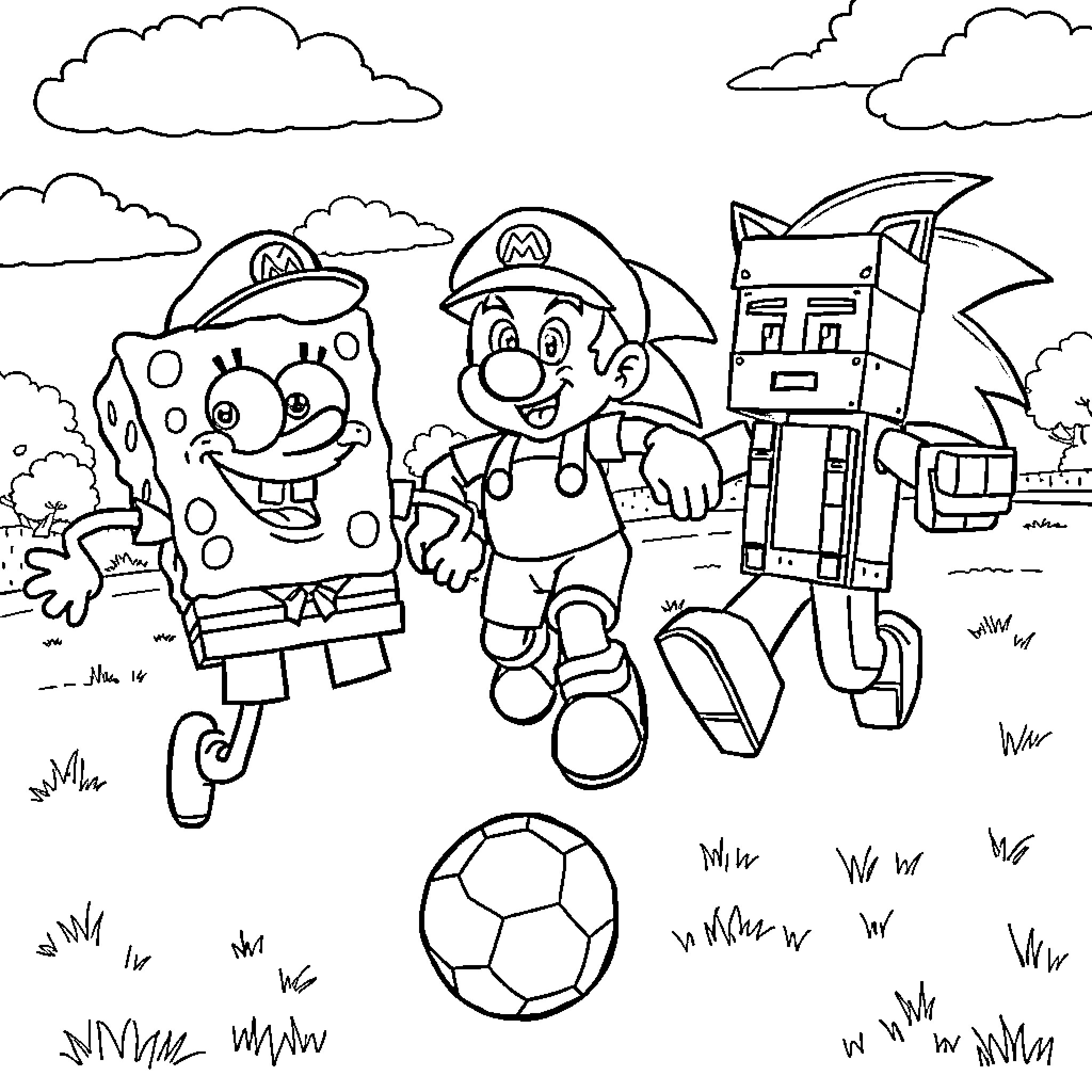 Character playing soccer in a cartoon town Coloring Page (free black-and-white line drawing printable PDF for all, from beginners to advanced learners, including children, teens, adults, and seniors)
