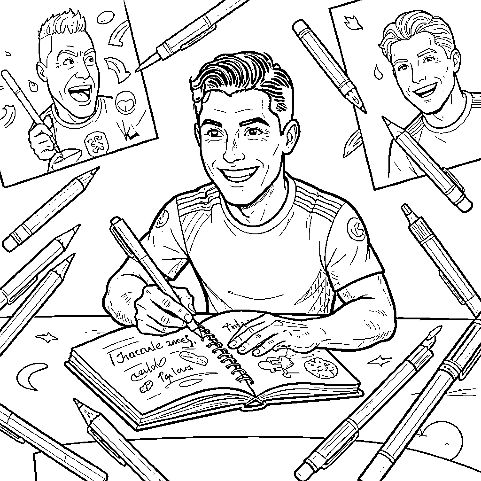 Ronaldo drawing and doodling happily in his notebook Coloring Page (free black-and-white line drawing printable PDF for all, from beginners to advanced learners, including children, teens, adults, and seniors)