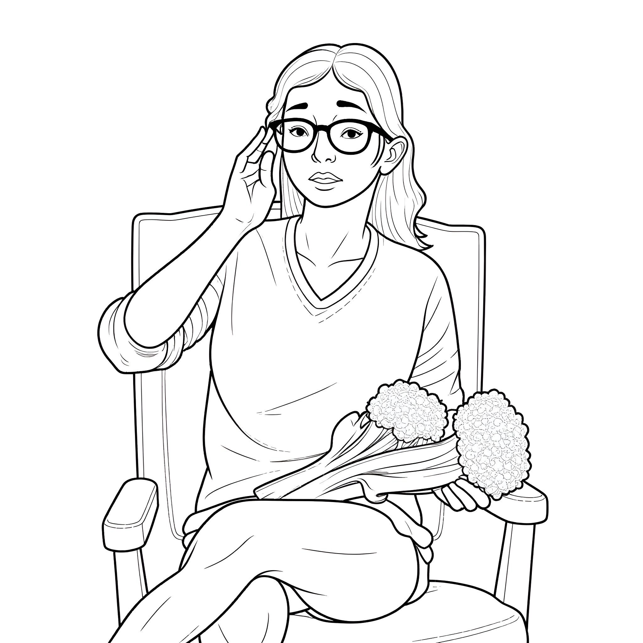 Woman sitting and speaking on the phone Coloring Page (free black-and-white line drawing printable PDF for all, from beginners to advanced learners, including children, teens, adults, and seniors)