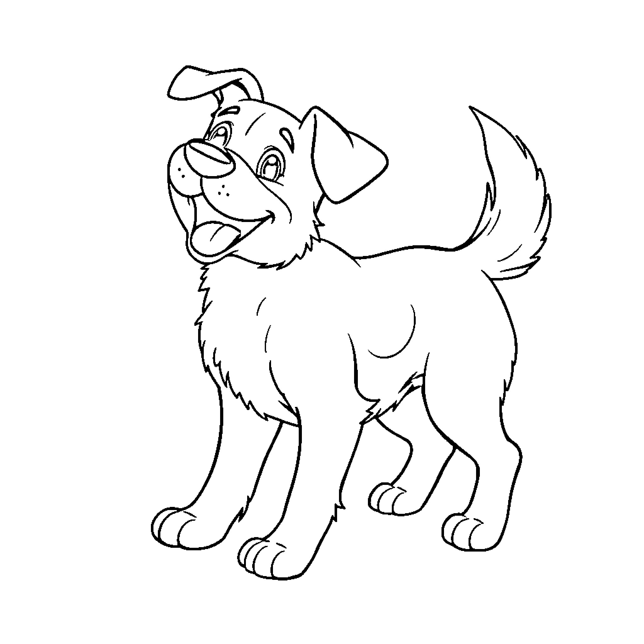 Dog happily wagging its tail Coloring Page (free black-and-white line drawing printable PDF for all, from beginners to advanced learners, including children, teens, adults, and seniors)