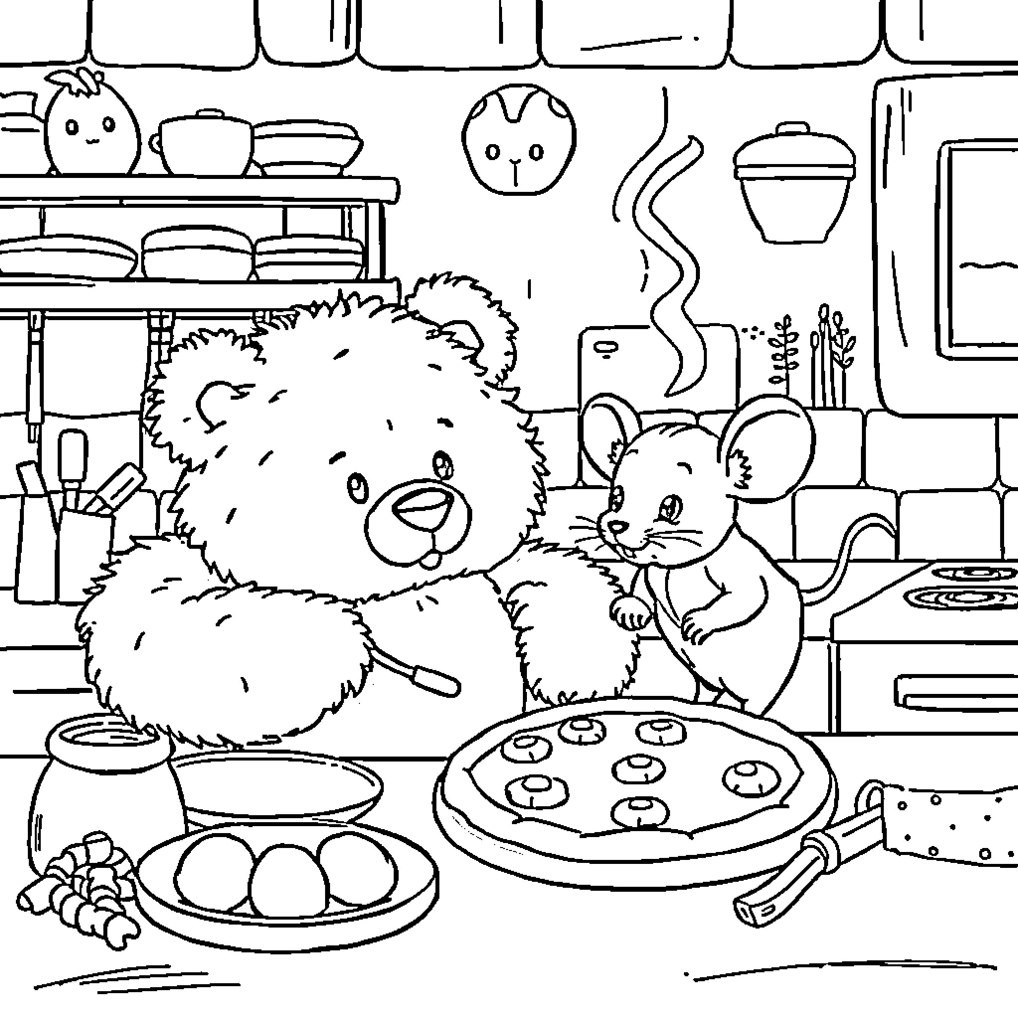 Teddybear and Mouse Cooking Together in the Kitchen Coloring Page (free black-and-white line drawing printable PDF for all, from beginners to advanced learners, including children, teens, adults, and seniors)