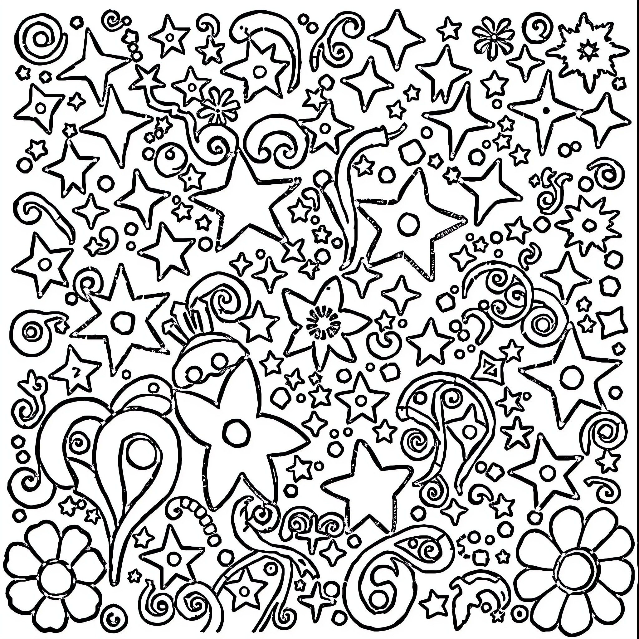 Doodle of Whimsical Stars and Shapes Coloring Page (free black-and-white line drawing printable PDF for all, from beginners to advanced learners, including children, teens, adults, and seniors)