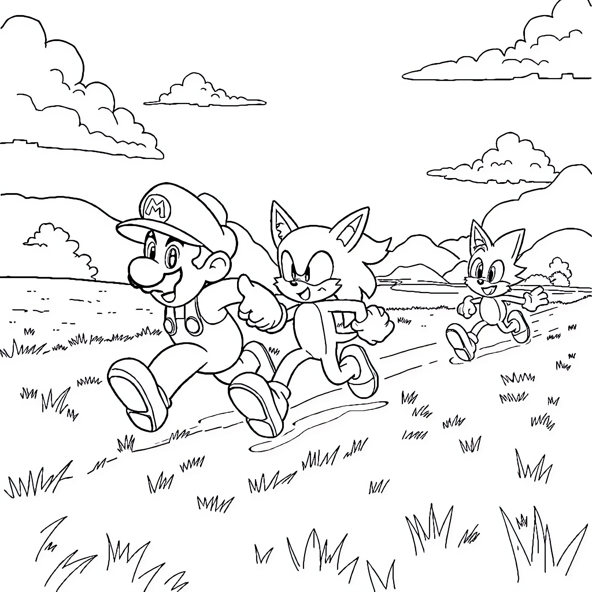 Mario and friends explore the scenic outdoors Coloring Page (free black-and-white line drawing printable PDF for all, from beginners to advanced learners, including children, teens, adults, and seniors)