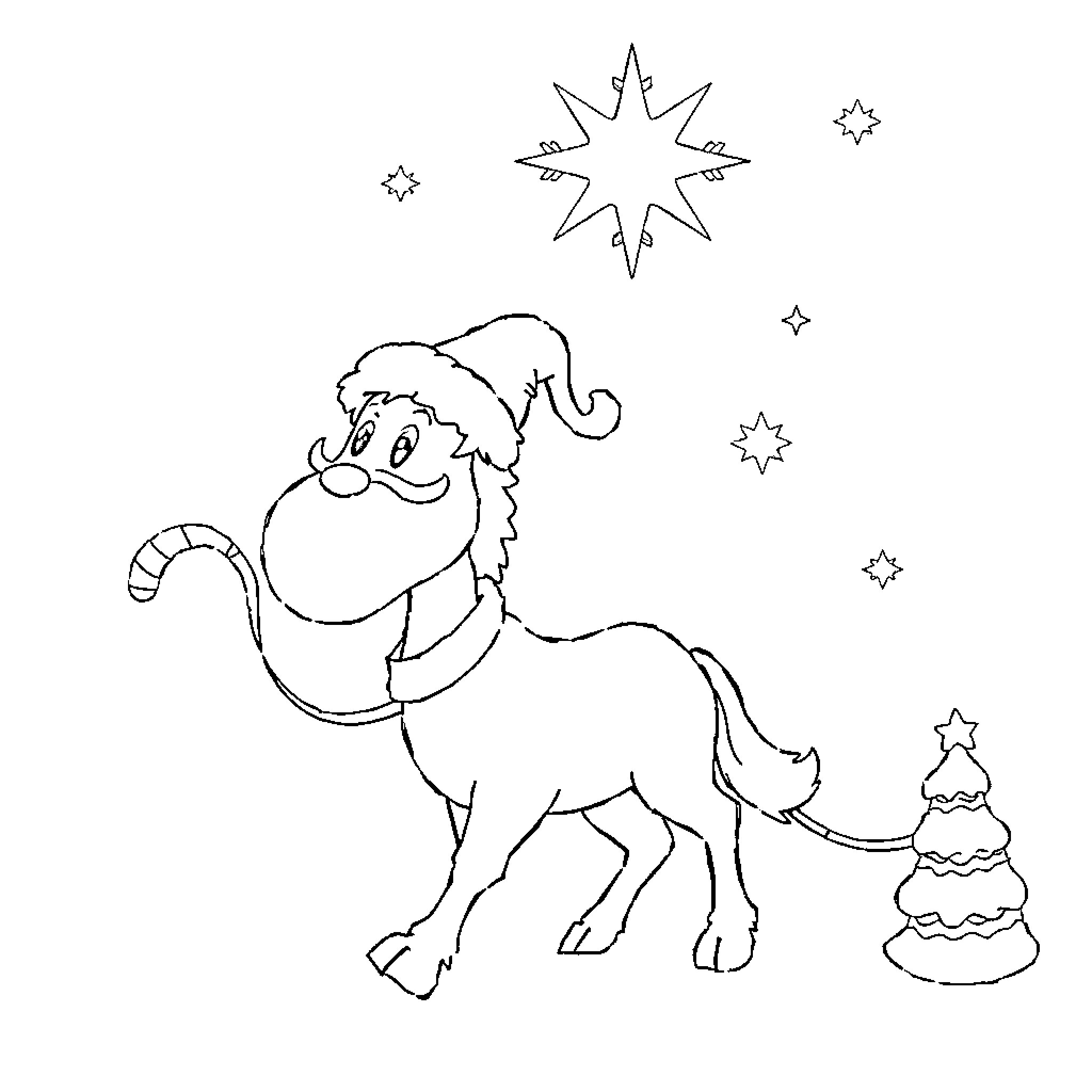 Renne the Festive Pony and Magical Starry Night Coloring Page (free black-and-white line drawing printable PDF for all, from beginners to advanced learners, including children, teens, adults, and seniors)