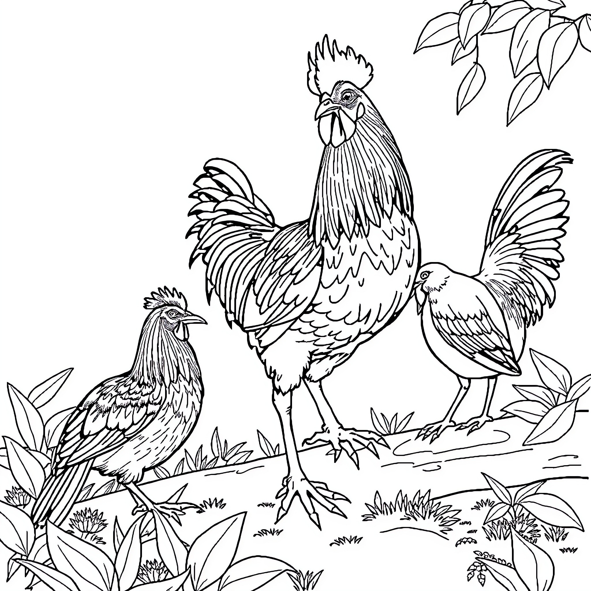 Farm Animals Roosters and Hens in Foliage Coloring Page (free black-and-white line drawing printable PDF for all, from beginners to advanced learners, including children, teens, adults, and seniors)