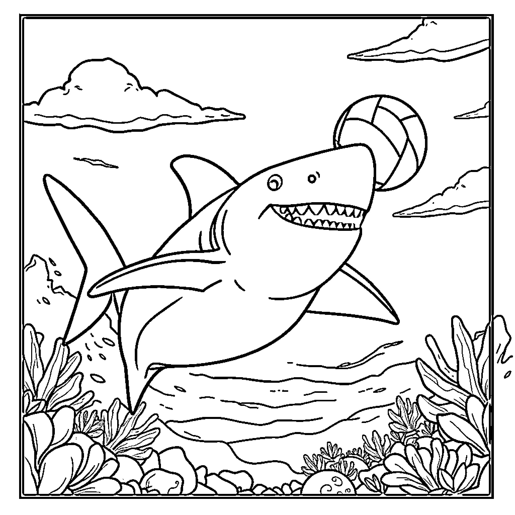 Shark playing with volleyball in the ocean Coloring Page (free black-and-white line drawing printable PDF for all, from beginners to advanced learners, including children, teens, adults, and seniors)