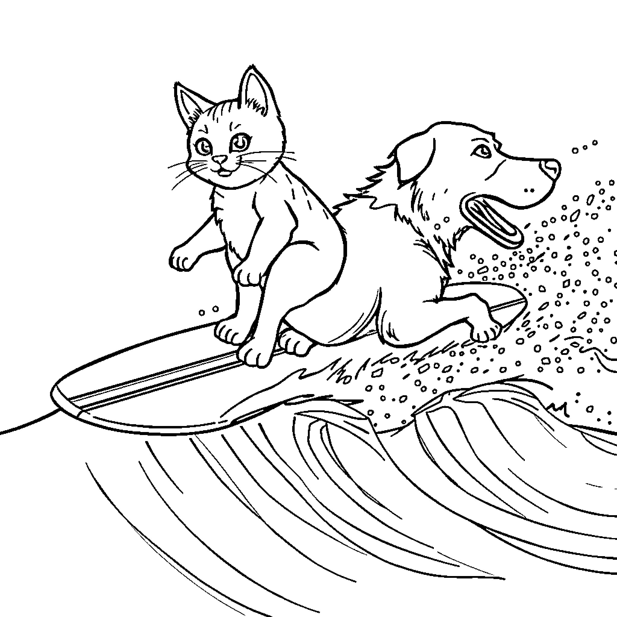 Cat Surfing with Dog on the Beach Coloring Page (free black-and-white line drawing printable PDF for all, from beginners to advanced learners, including children, teens, adults, and seniors)