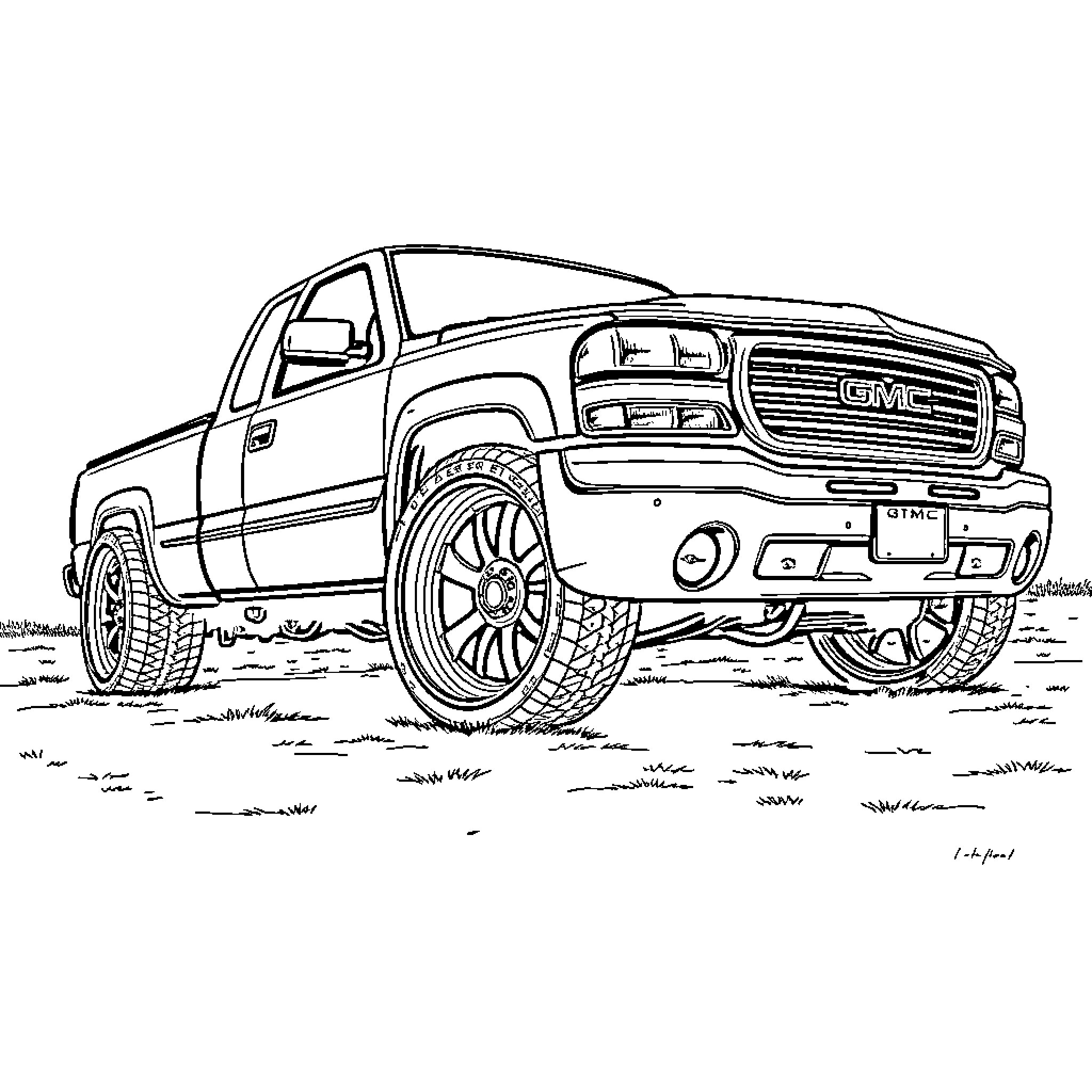 GMC Sierra off-road truck on grassy field Coloring Page (free black-and-white line drawing printable PDF for all, from beginners to advanced learners, including children, teens, adults, and seniors)