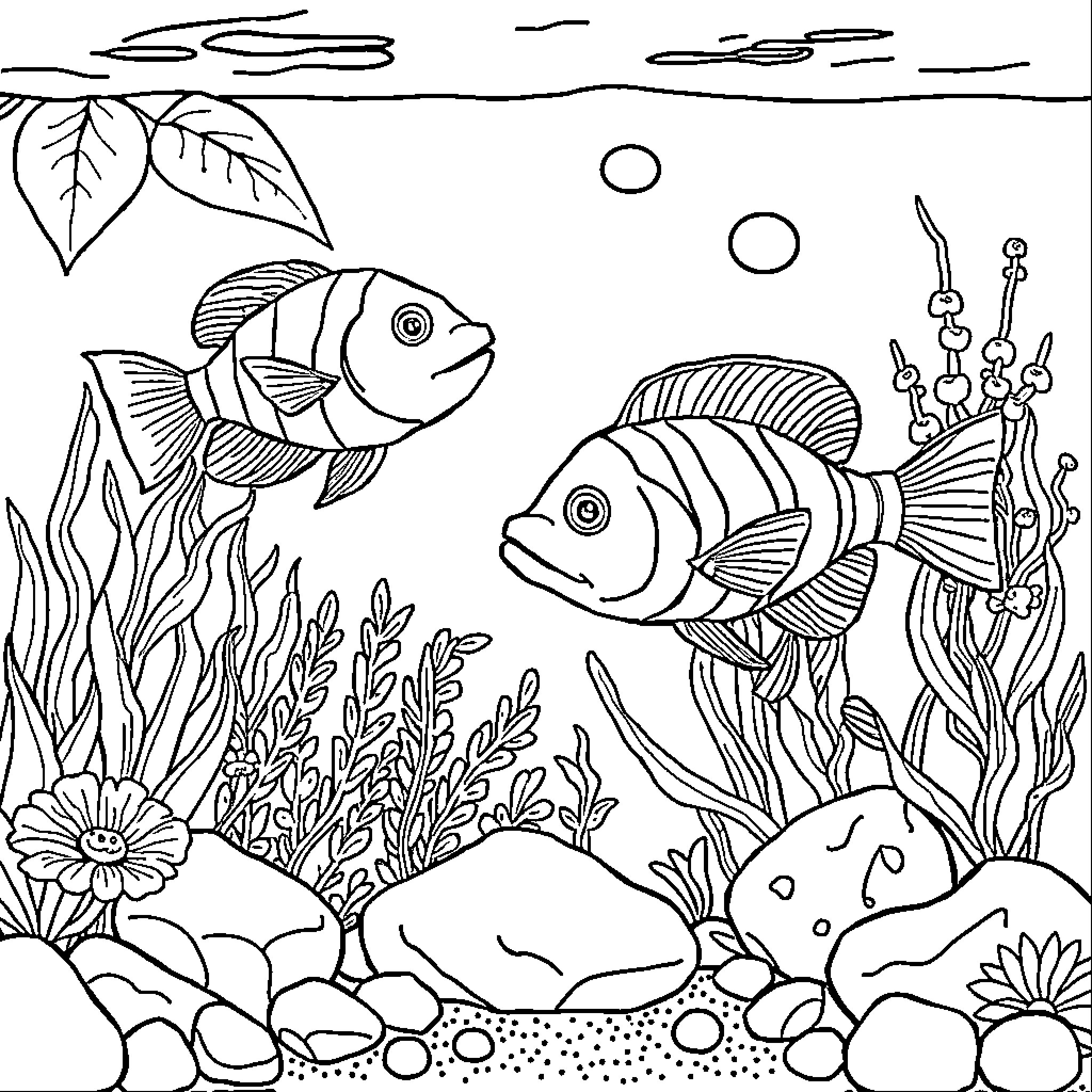 Fish swimming in underwater garden Coloring Page (free black-and-white line drawing printable PDF for all, from beginners to advanced learners, including children, teens, adults, and seniors)