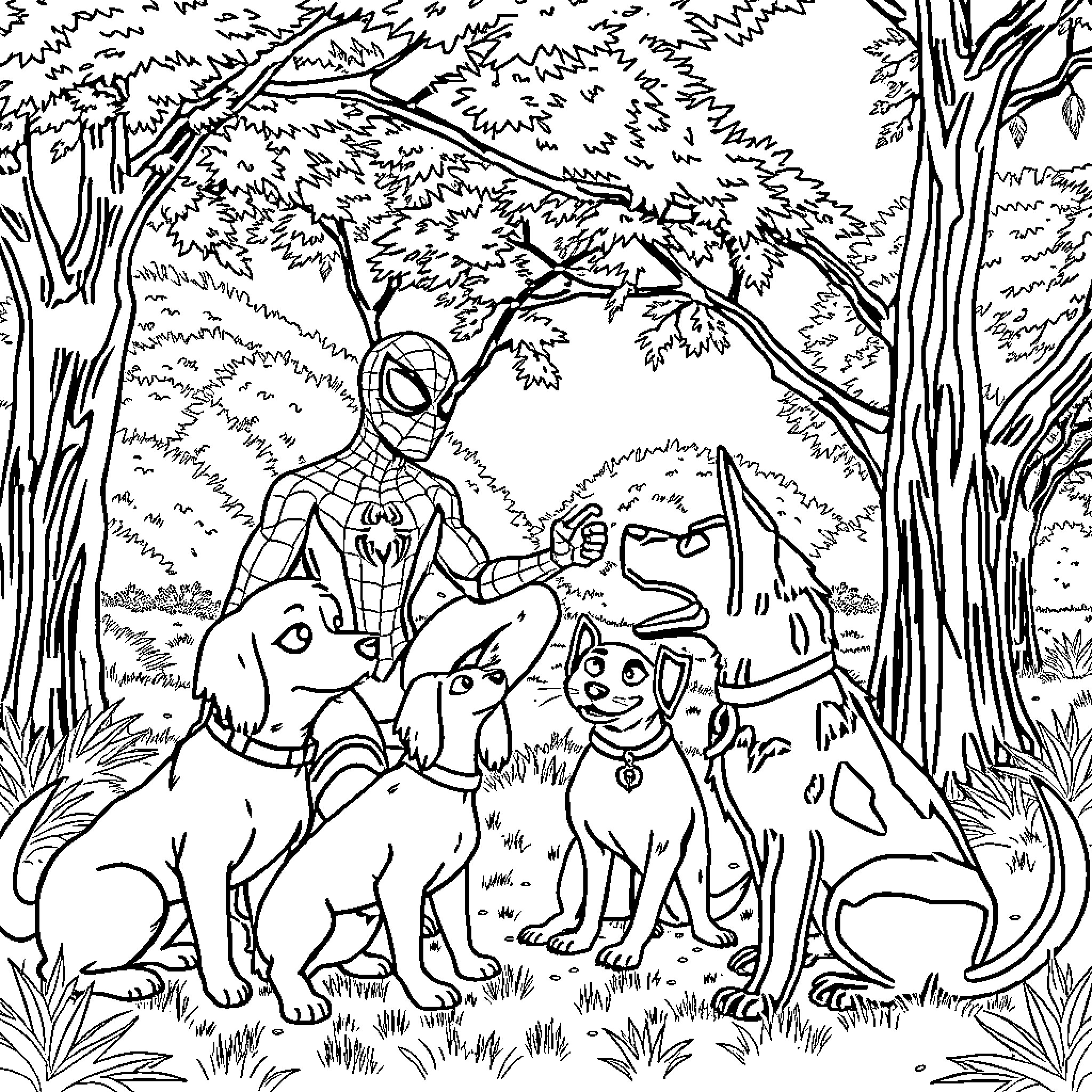 Spider-Man with animal friends in the forest Coloring Page (free black-and-white line drawing printable PDF for all, from beginners to advanced learners, including children, teens, adults, and seniors)