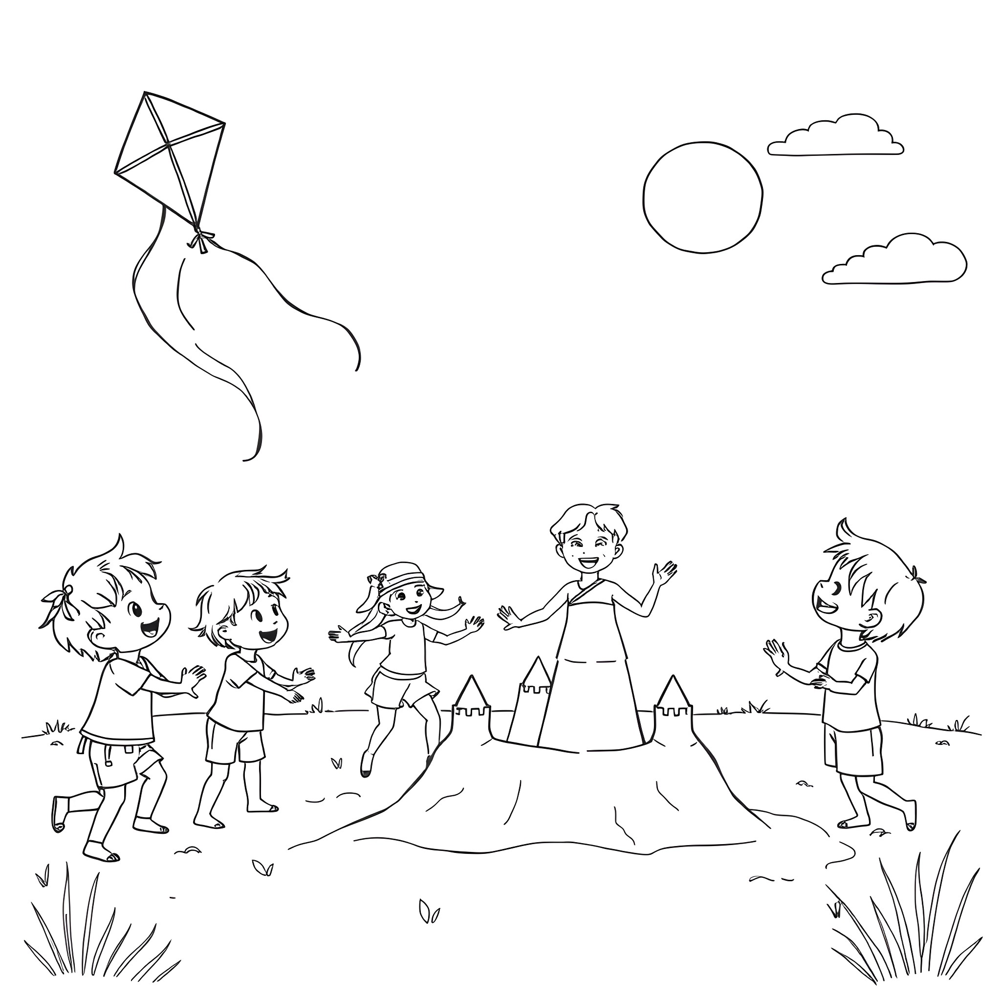 Kid's Fun Day Flying Kite with Friends Coloring Page (free black-and-white line drawing printable PDF for all, from beginners to advanced learners, including children, teens, adults, and seniors)