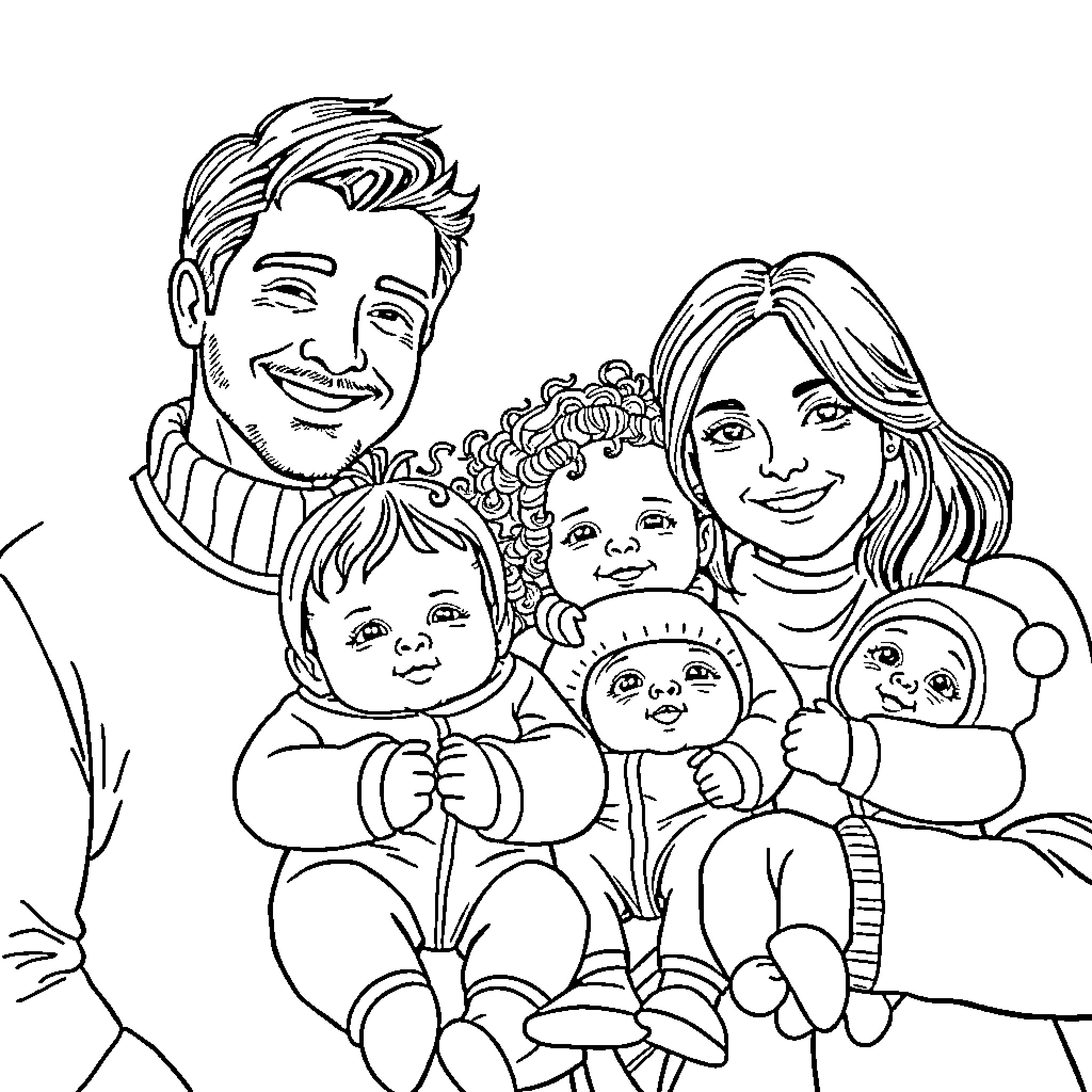 Family portrait of a happy, loving family Coloring Page (free black-and-white line drawing printable PDF for all, from beginners to advanced learners, including children, teens, adults, and seniors)