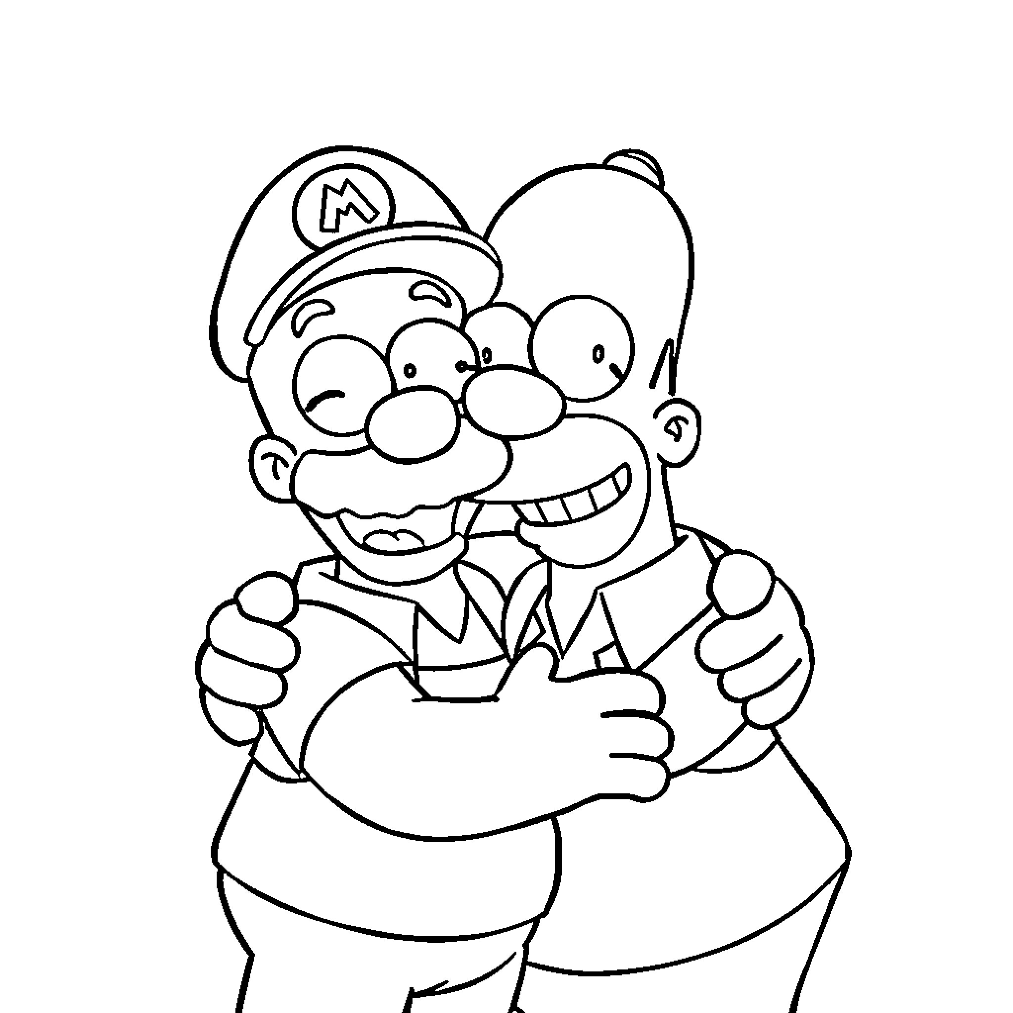 Homer Simpson hugging friend in playful manner Coloring Page (free black-and-white line drawing printable PDF for all, from beginners to advanced learners, including children, teens, adults, and seniors)