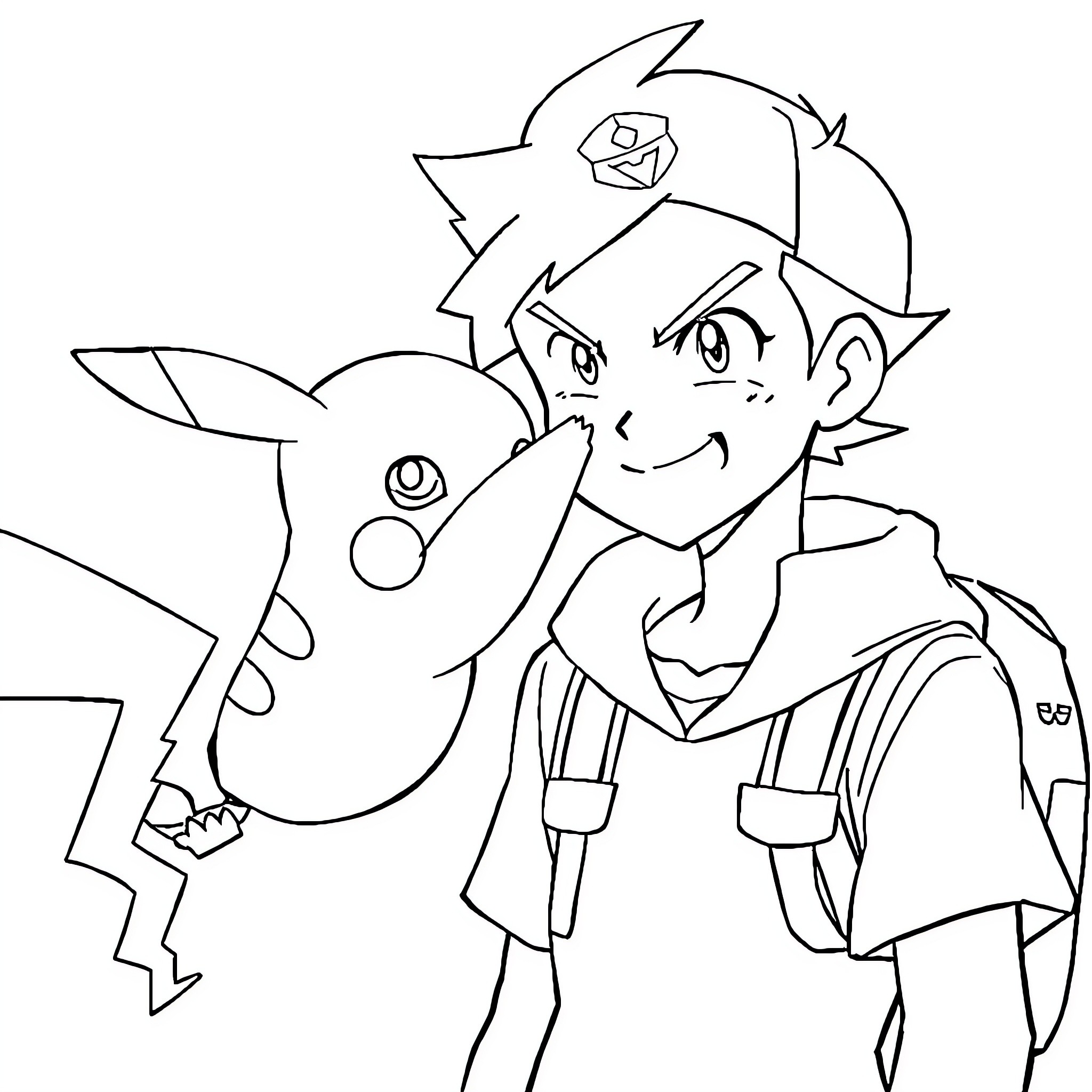 Pikachu and Ash on an adventure Coloring Page (free black-and-white line drawing printable PDF for all, from beginners to advanced learners, including children, teens, adults, and seniors)