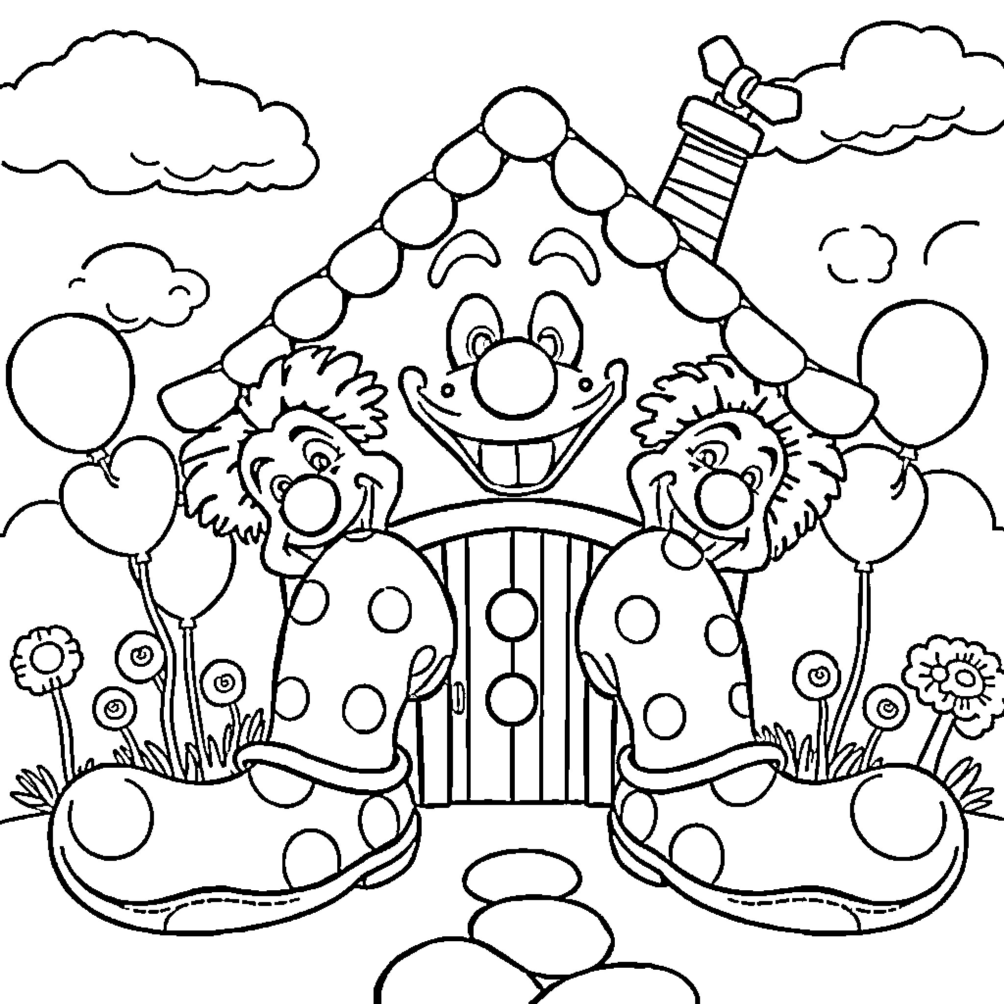 House of Joyful Clowns in Whimsical Garden Coloring Page (free black-and-white line drawing printable PDF for all, from beginners to advanced learners, including children, teens, adults, and seniors)
