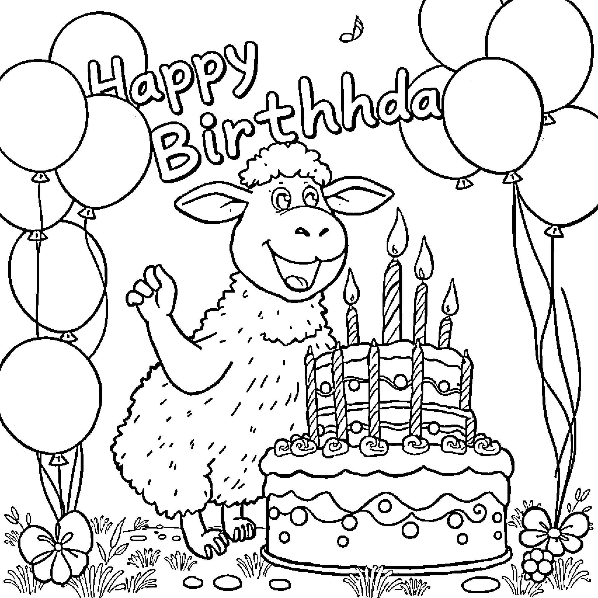 Shaun the Sheep celebrates Happy Birthday with a cake and balloons Coloring Page (free black-and-white line drawing printable PDF for all, from beginners to advanced learners, including children, teens, adults, and seniors)