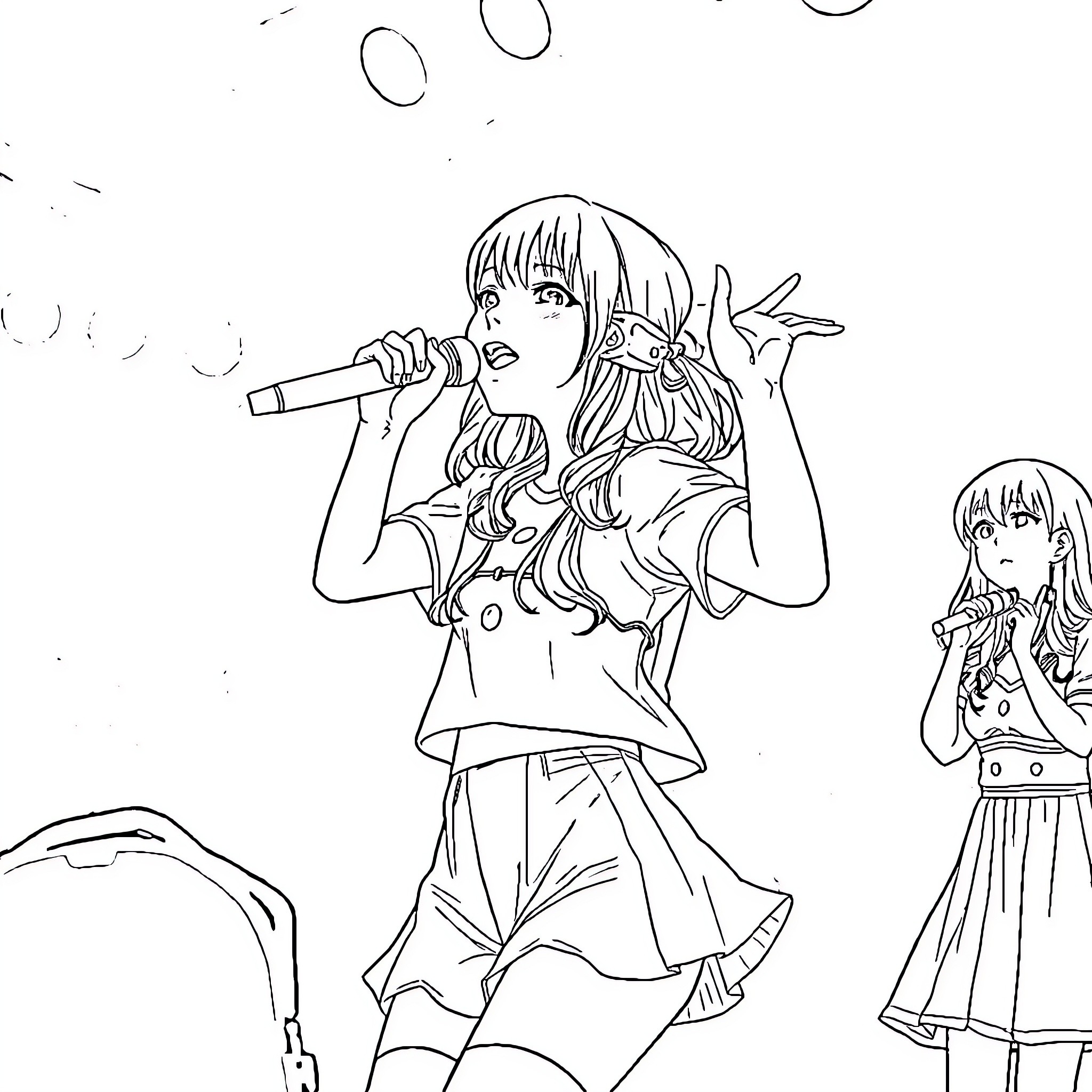 Ochako Uraraka performing on stage with another character Coloring Page (free black-and-white line drawing printable PDF for all, from beginners to advanced learners, including children, teens, adults, and seniors)
