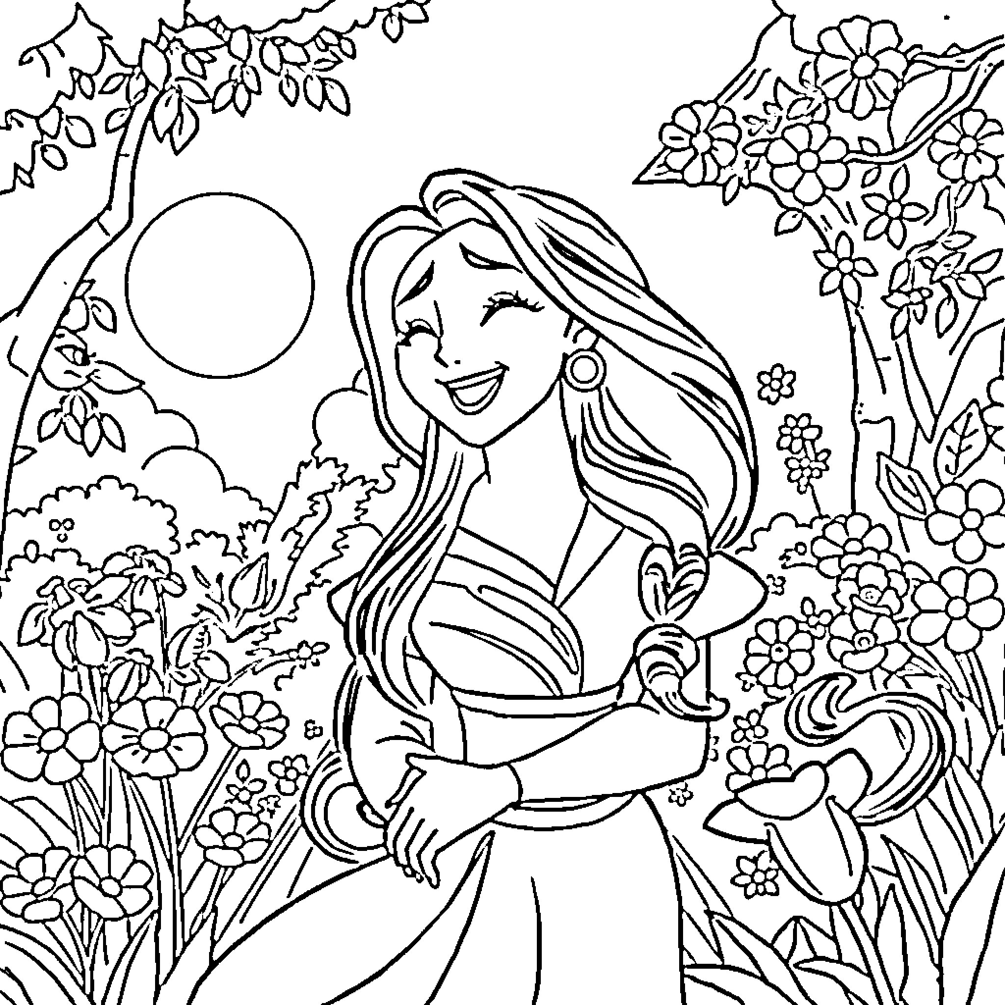 Mulan in a Floral Garden Scene Coloring Page (free black-and-white line drawing printable PDF for all, from beginners to advanced learners, including children, teens, adults, and seniors)