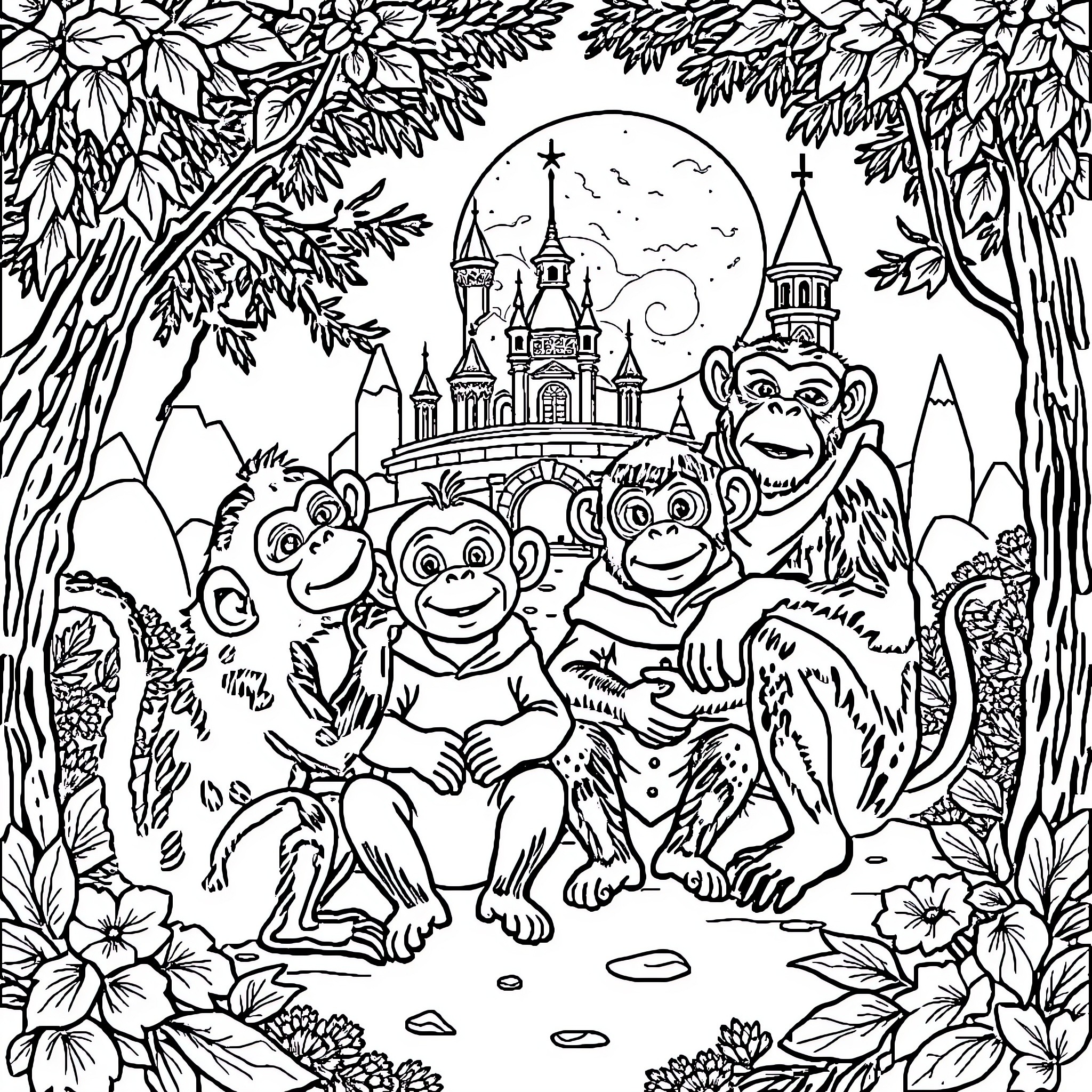 Wife and monkeys enjoying nature near enchanted castle Coloring Page (free black-and-white line drawing printable PDF for all, from beginners to advanced learners, including children, teens, adults, and seniors)