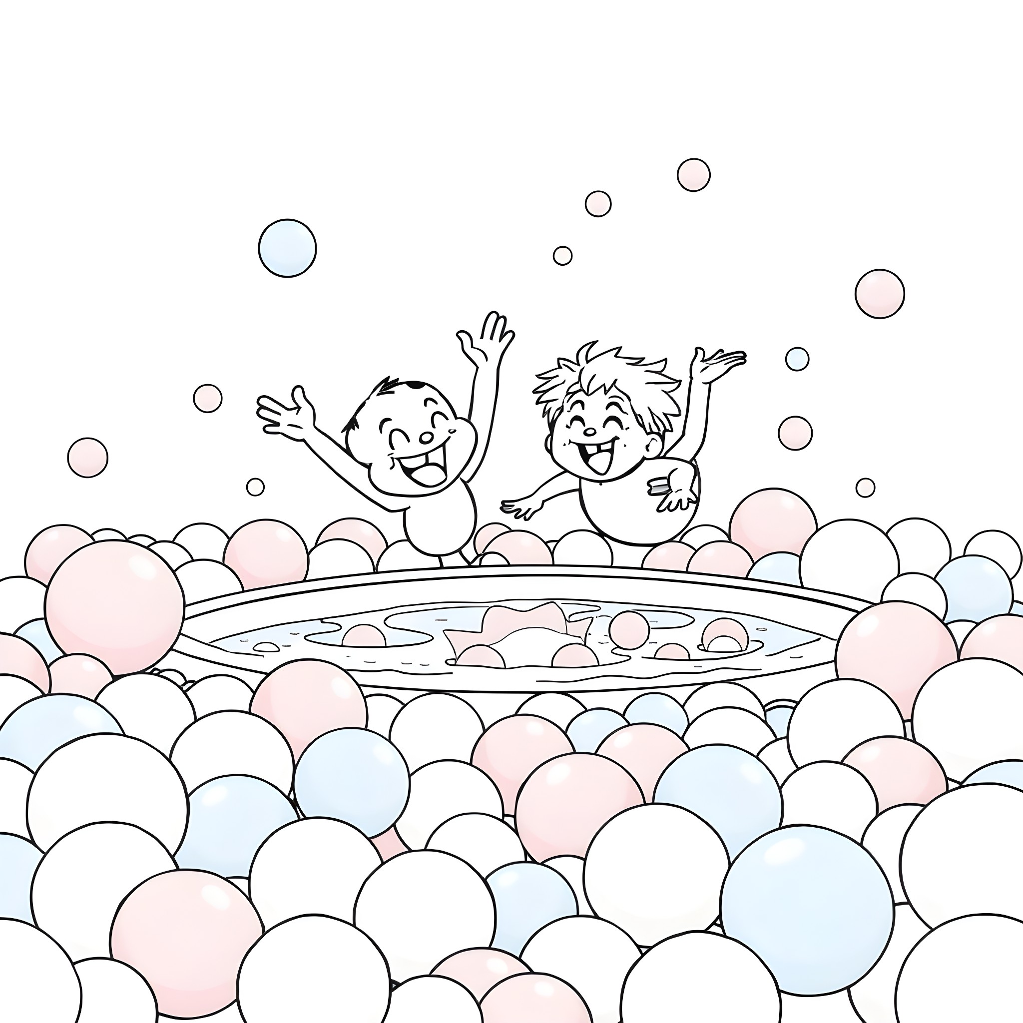 Bluey and friend playing happily in colorful balls Coloring Page (free black-and-white line drawing printable PDF for all, from beginners to advanced learners, including children, teens, adults, and seniors)