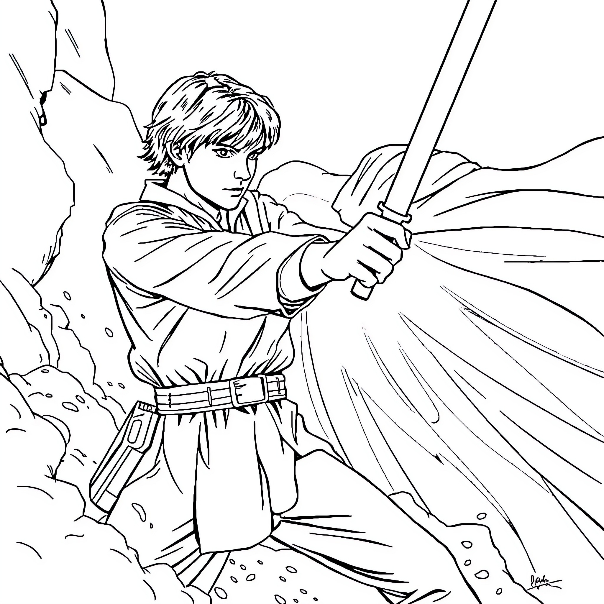 Luke's Heroic Battle with Lightsaber Coloring Page (free black-and-white line drawing printable PDF for all, from beginners to advanced learners, including children, teens, adults, and seniors)