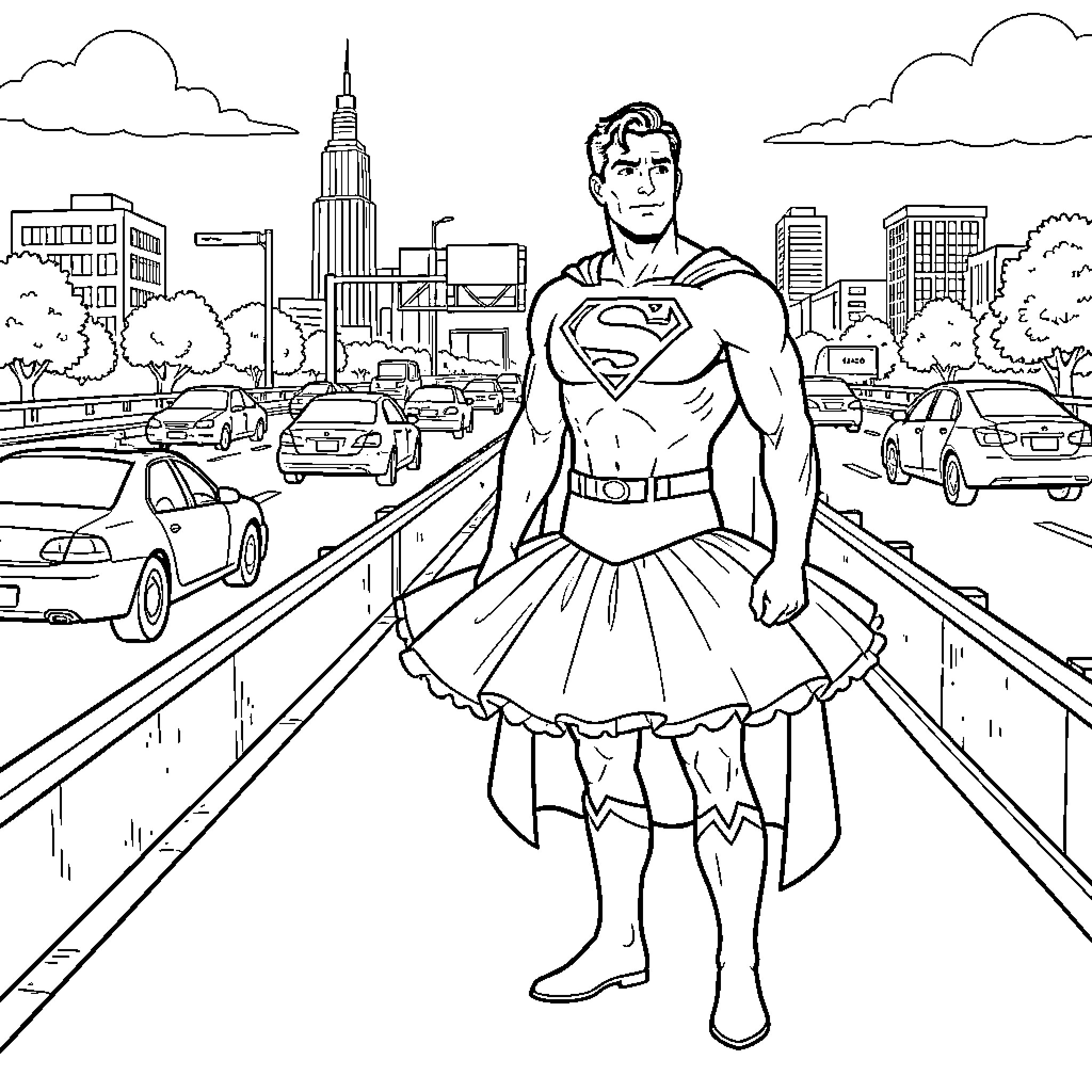 Superman standing heroically on a busy city bridge Coloring Page (free black-and-white line drawing printable PDF for all, from beginners to advanced learners, including children, teens, adults, and seniors)