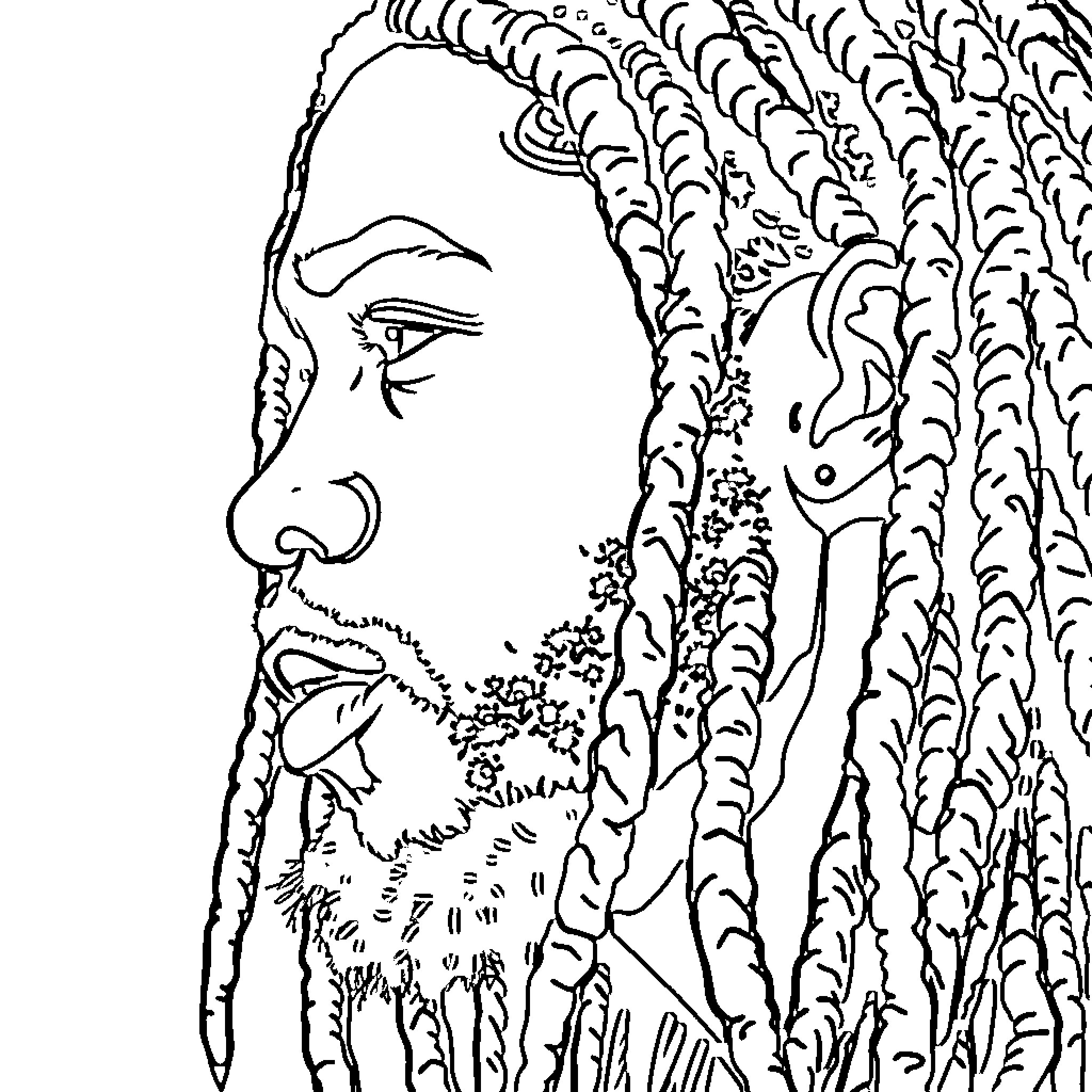 Man with intricate dreadlocks and beard Coloring Page (free black-and-white line drawing printable PDF for all, from beginners to advanced learners, including children, teens, adults, and seniors)