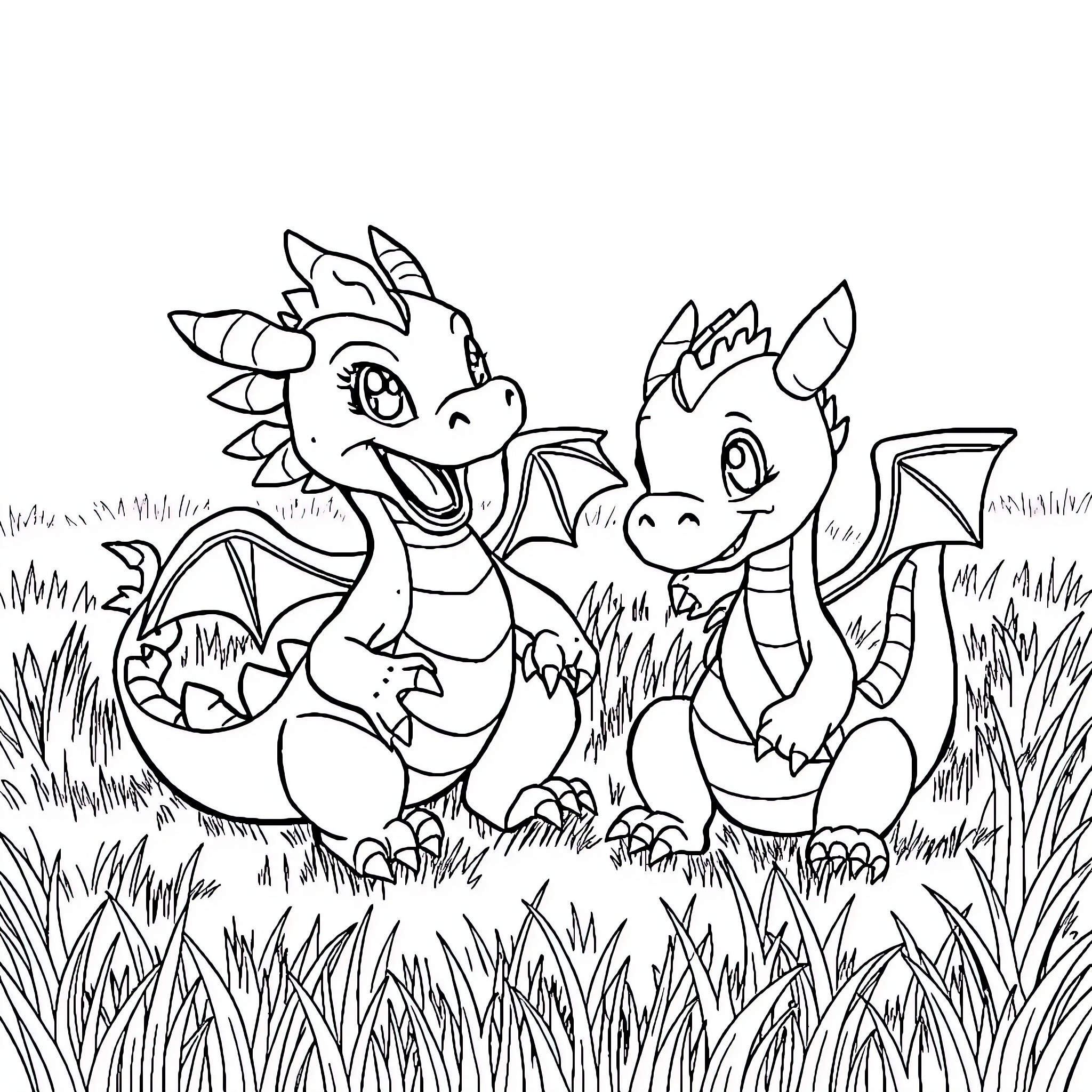 Dragon Companions Playing in the Grass Coloring Page (free black-and-white line drawing printable PDF for all, from beginners to advanced learners, including children, teens, adults, and seniors)