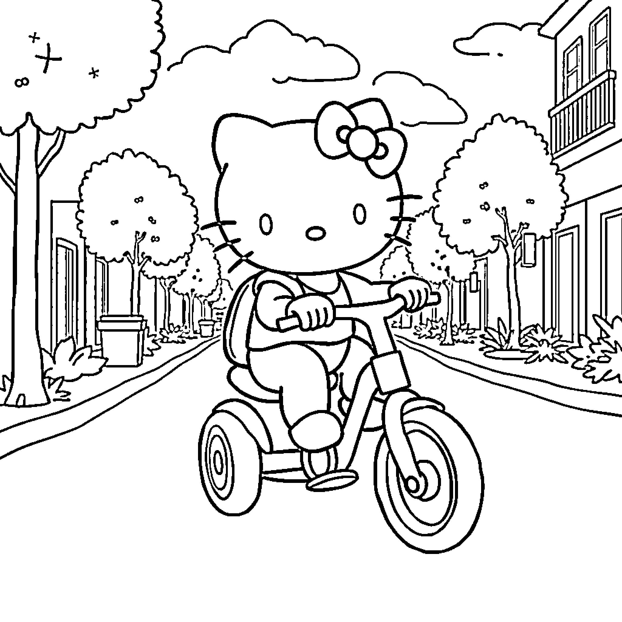 Hello Kitty Riding Bicycle on City Street Coloring Page (free black-and-white line drawing printable PDF for all, from beginners to advanced learners, including children, teens, adults, and seniors)