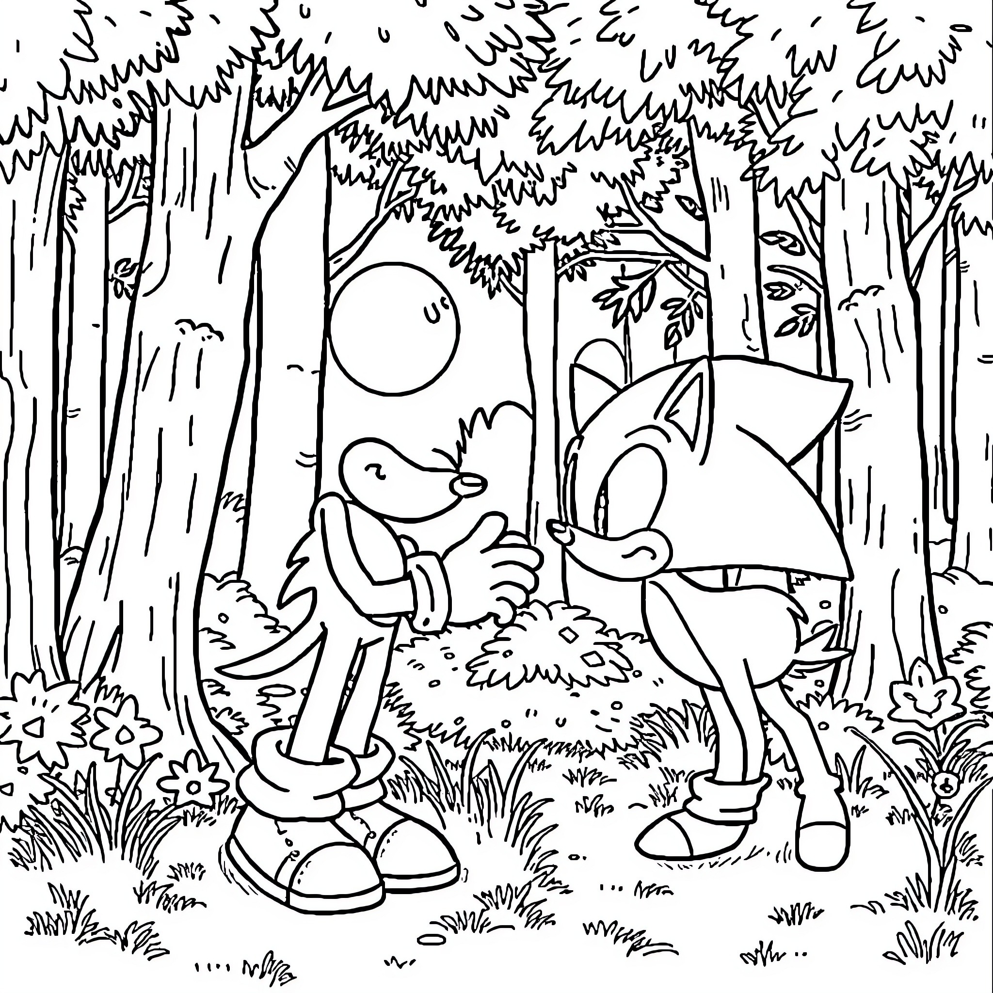 Sonic and Friends Exploring the Enchanted Forest Coloring Page (free black-and-white line drawing printable PDF for all, from beginners to advanced learners, including children, teens, adults, and seniors)