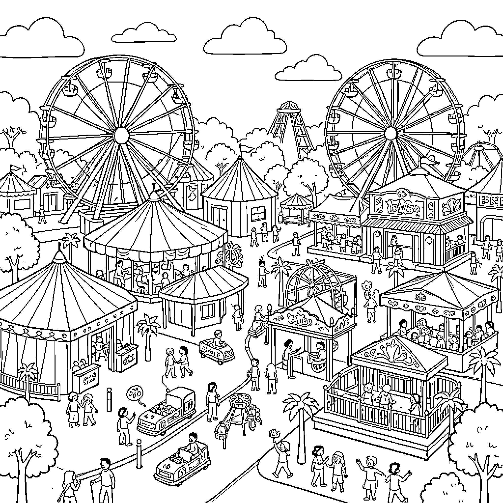 MGA Lively Carnival with Ferris Wheels and Tents Coloring Page (free black-and-white line drawing printable PDF for all, from beginners to advanced learners, including children, teens, adults, and seniors)