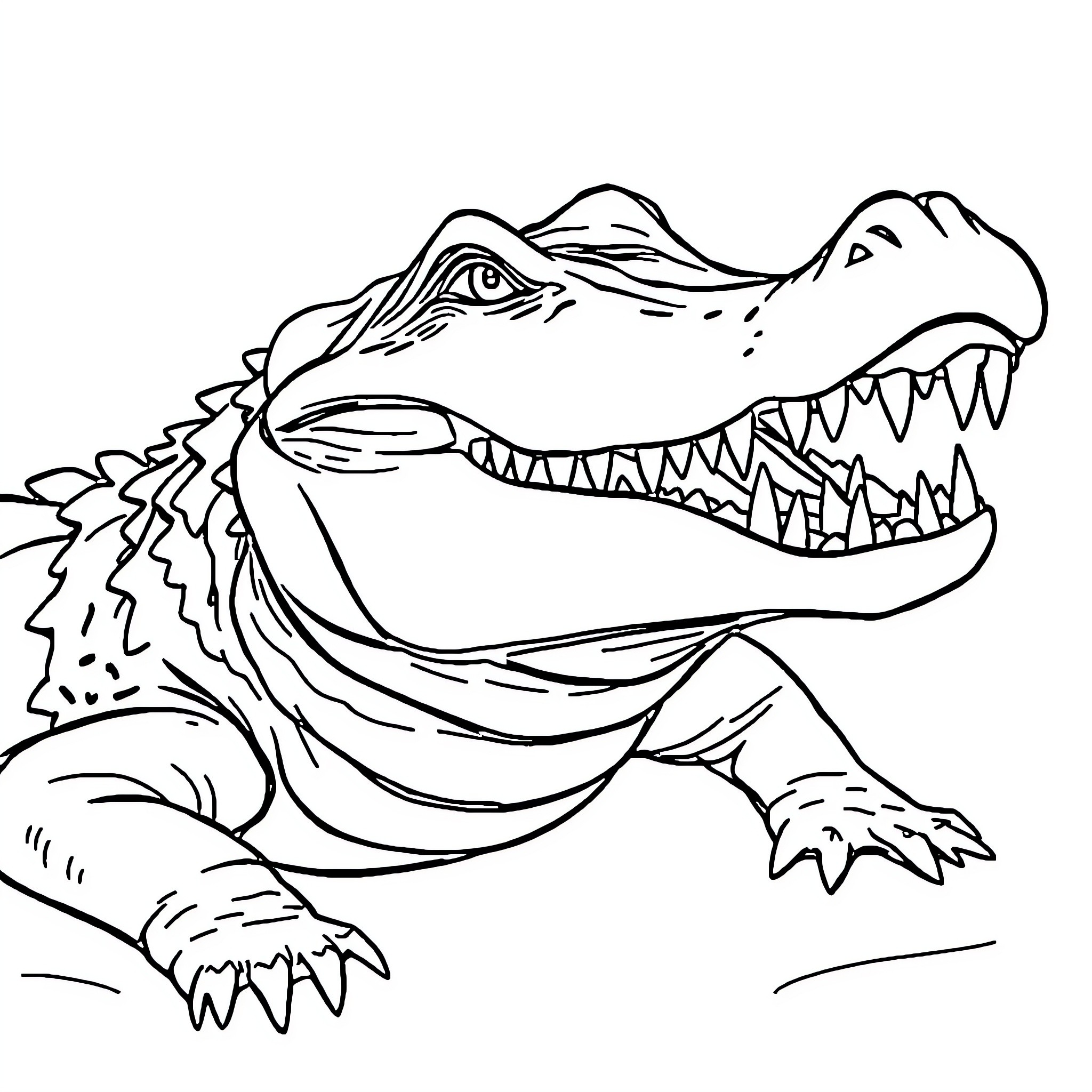 Alligator with menacing jaws Coloring Page (free black-and-white line drawing printable PDF for all, from beginners to advanced learners, including children, teens, adults, and seniors)