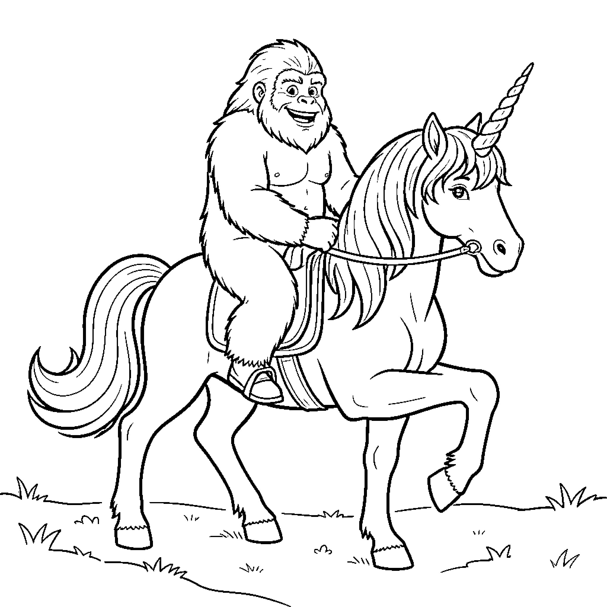 Sasquatch riding a unicorn through the meadow Coloring Page (free black-and-white line drawing printable PDF for all, from beginners to advanced learners, including children, teens, adults, and seniors)