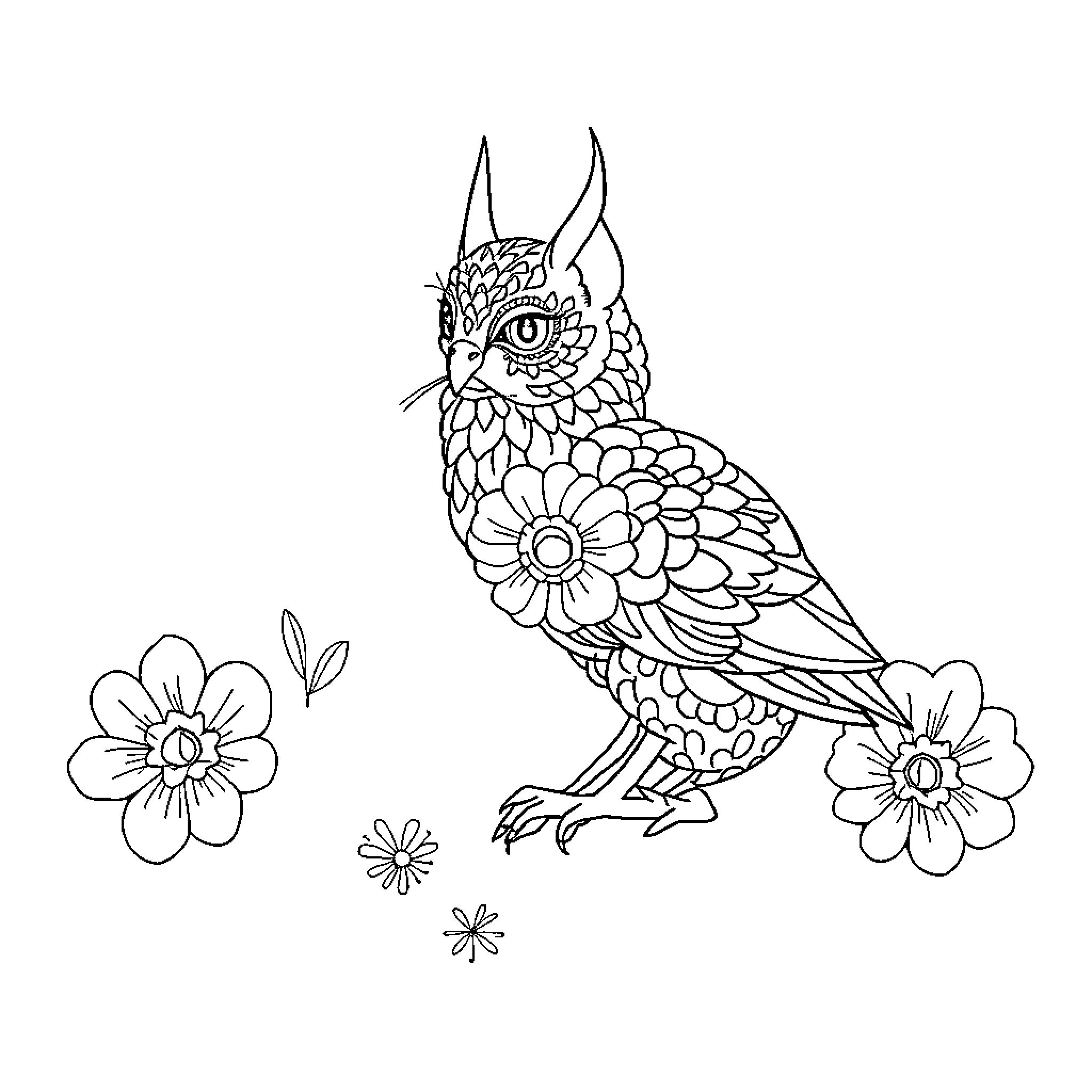 Cat with intricate floral pattern surrounded by flowers Coloring Page (free black-and-white line drawing printable PDF for all, from beginners to advanced learners, including children, teens, adults, and seniors)