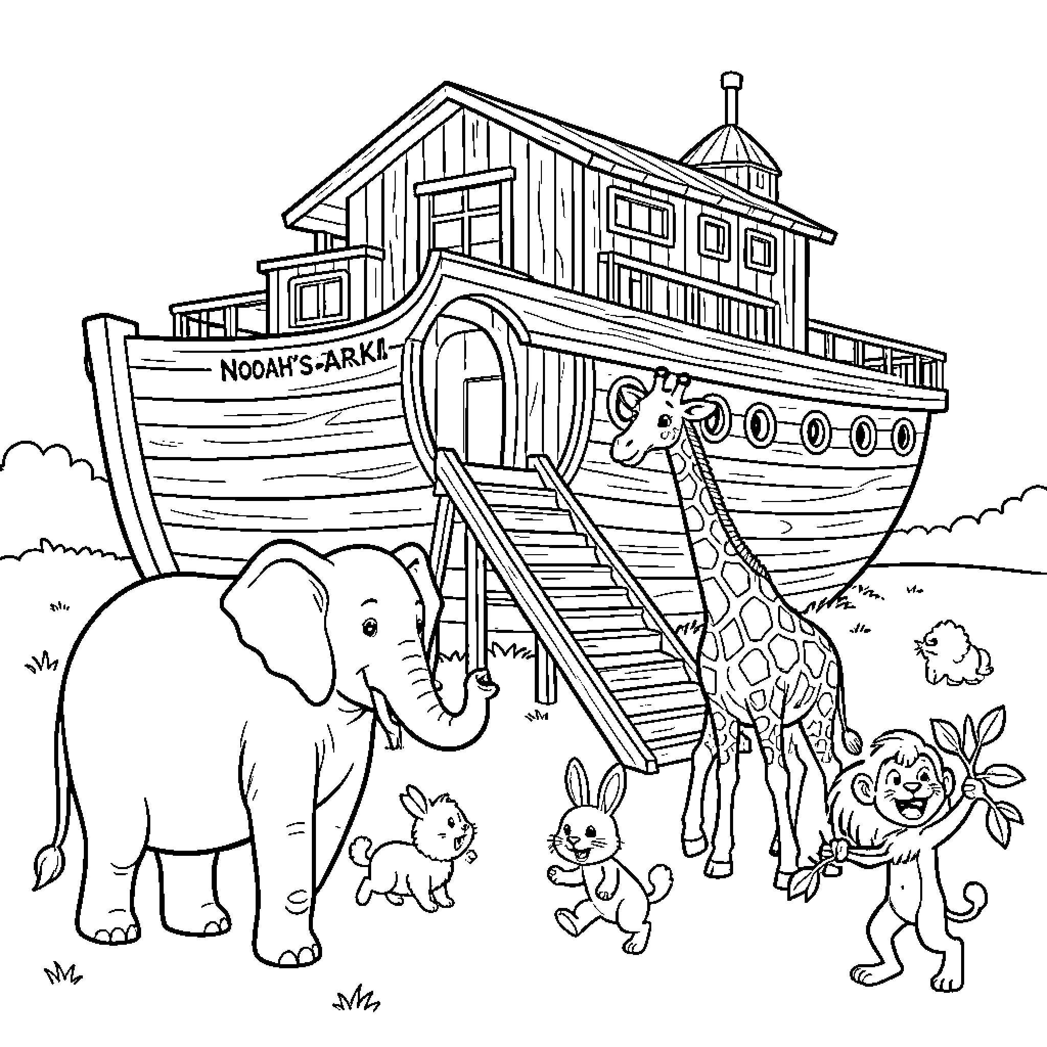 Noah's Ark with animals and animals boarding the ship Coloring Page (free black-and-white line drawing printable PDF for all, from beginners to advanced learners, including children, teens, adults, and seniors)