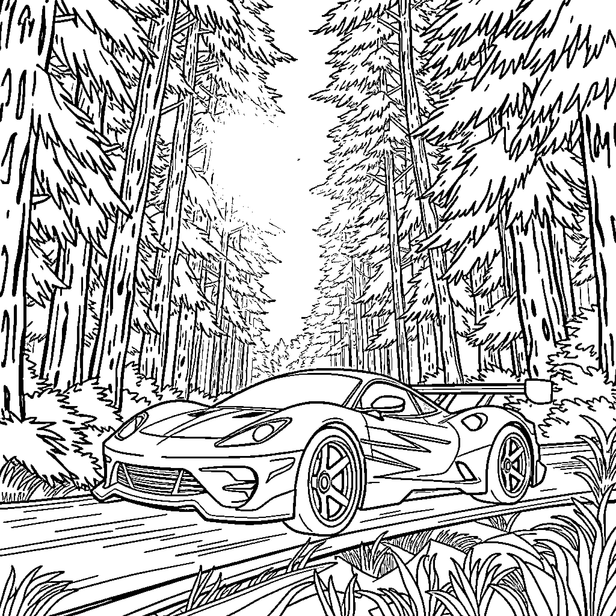 Hot Wheel racing through enchanted forest Coloring Page (free black-and-white line drawing printable PDF for all, from beginners to advanced learners, including children, teens, adults, and seniors)