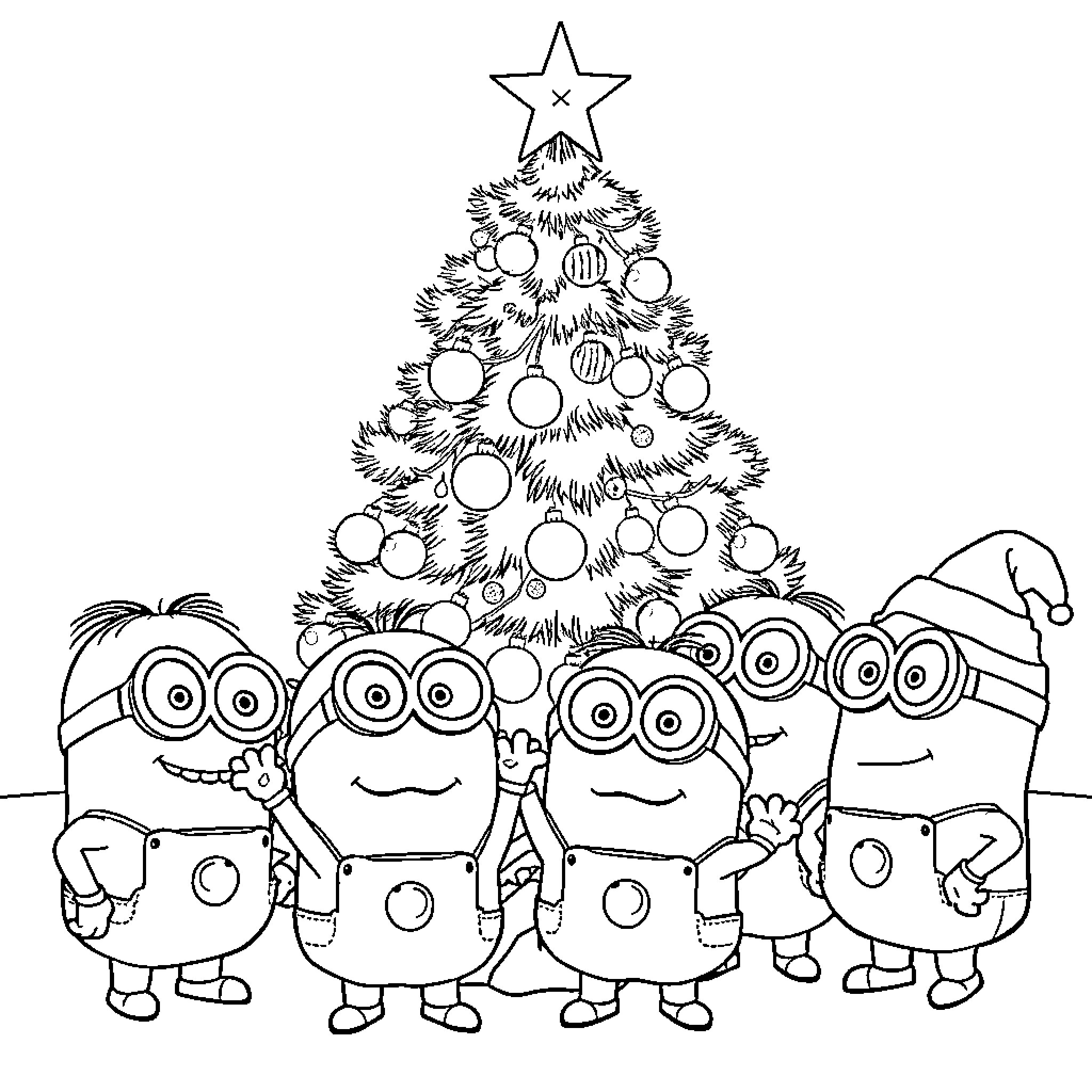 Minions celebrating Christmas with decorated tree Coloring Page (free black-and-white line drawing printable PDF for all, from beginners to advanced learners, including children, teens, adults, and seniors)