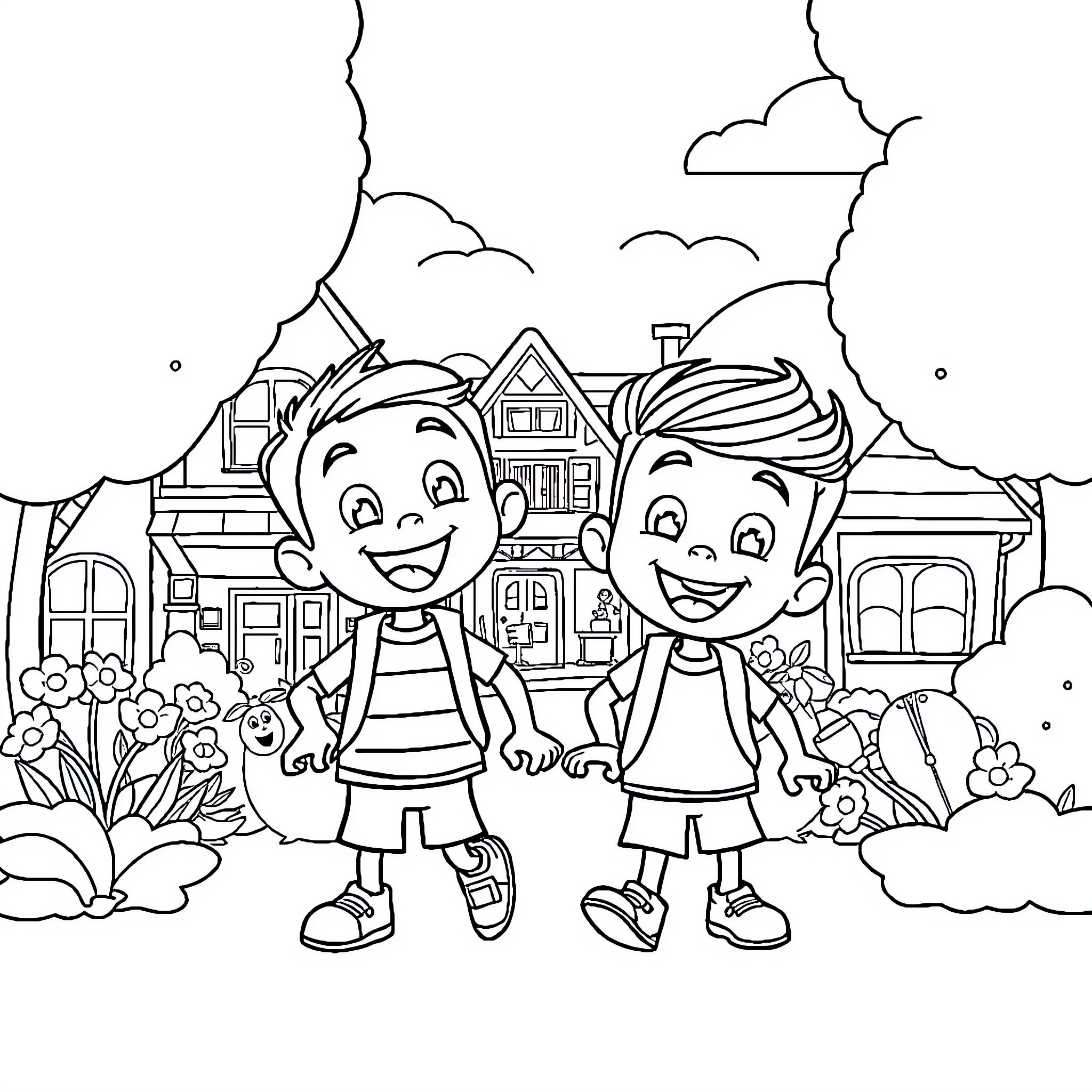 Upin Ipin enjoying a day in the neighborhood Coloring Page (free black-and-white line drawing printable PDF for all, from beginners to advanced learners, including children, teens, adults, and seniors)