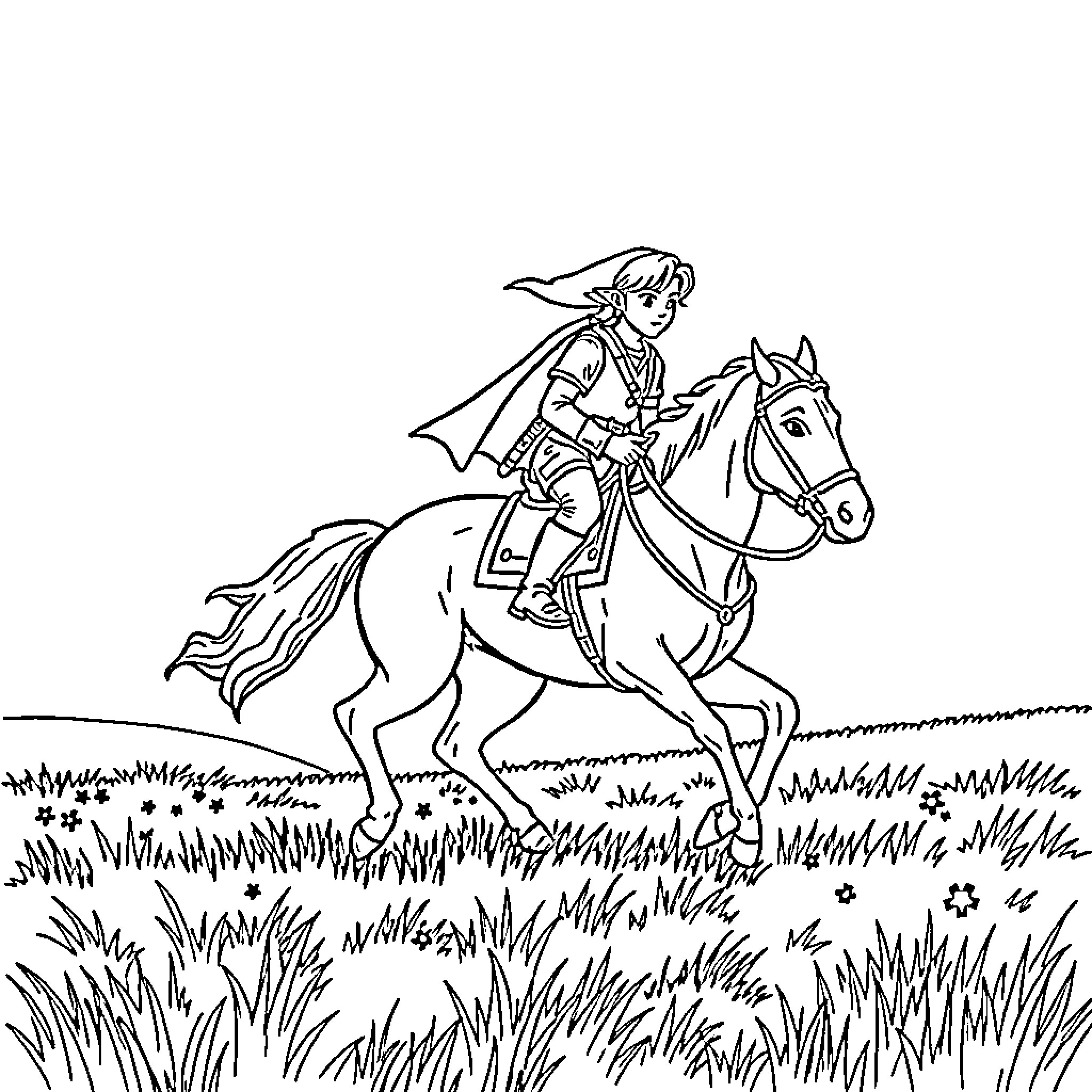 Link riding horse through grassy field Coloring Page (free black-and-white line drawing printable PDF for all, from beginners to advanced learners, including children, teens, adults, and seniors)