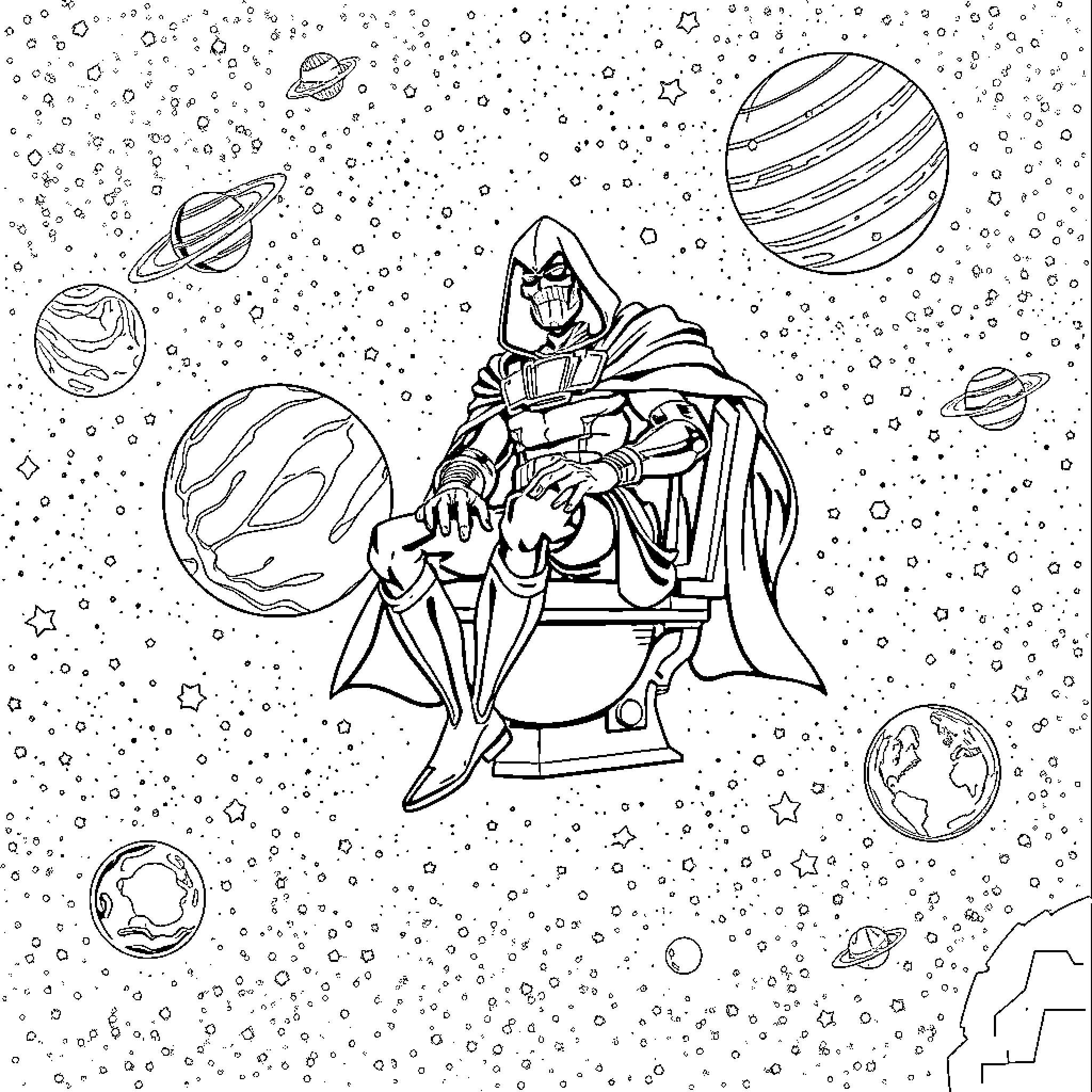 Doctor Doom's Cosmic Conquest Coloring Page (free black-and-white line drawing printable PDF for all, from beginners to advanced learners, including children, teens, adults, and seniors)