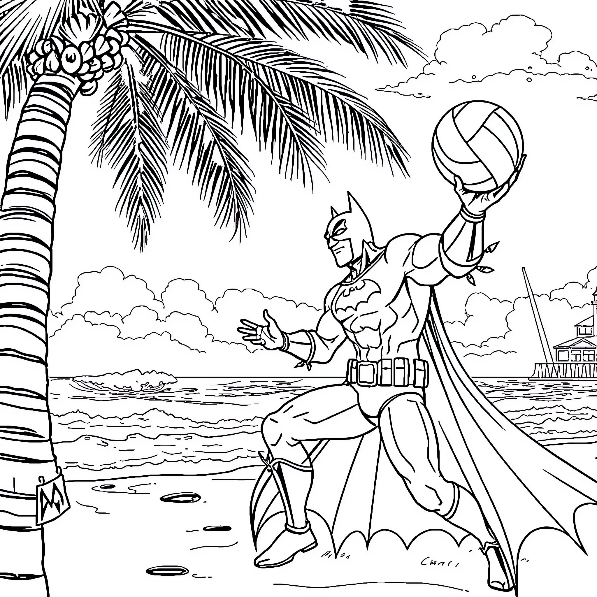 Batman Playing Volleyball on the Beach Coloring Page (free black-and-white line drawing printable PDF for all, from beginners to advanced learners, including children, teens, adults, and seniors)