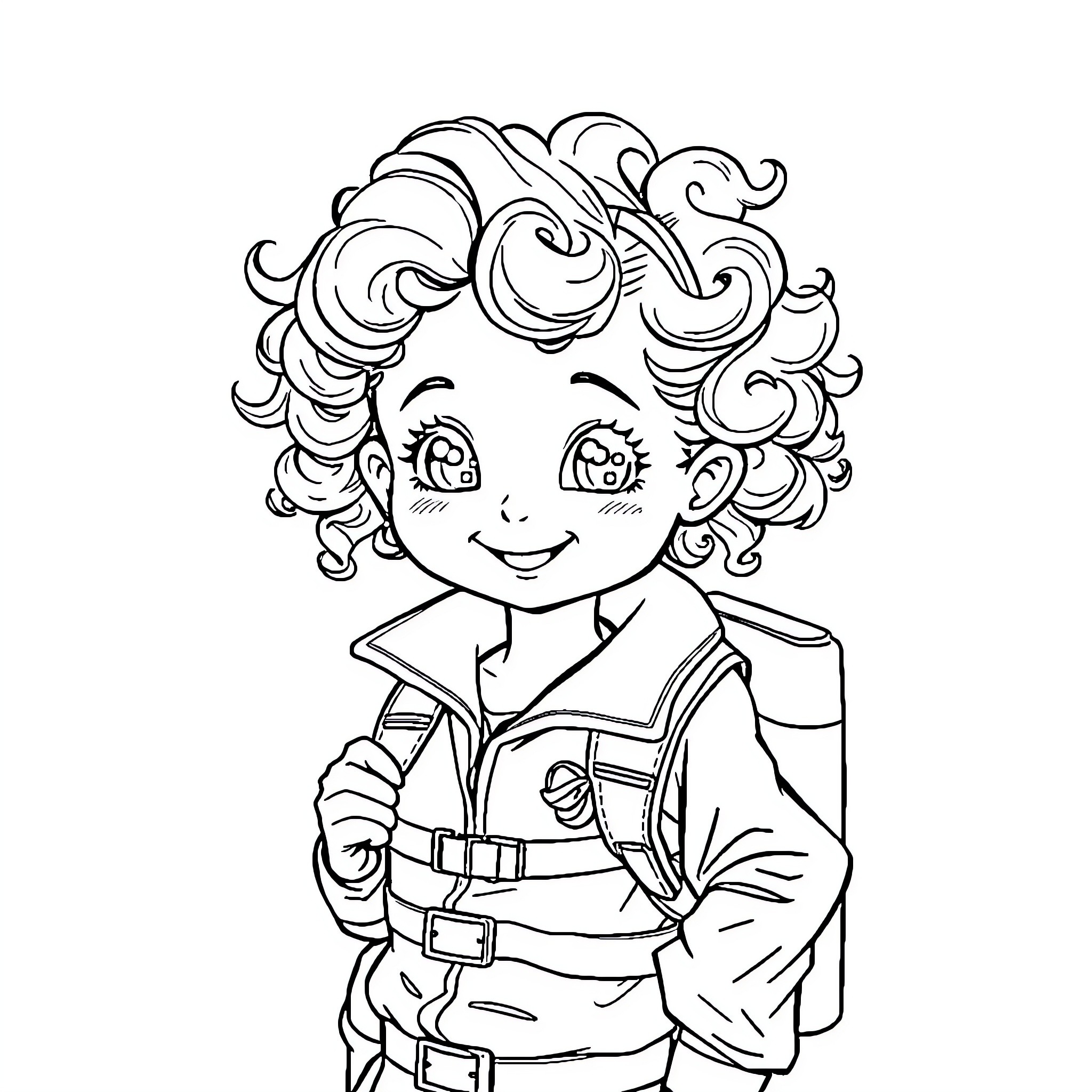 Girl in Curly Hairstyle and Casual Outfit Coloring Page (free black-and-white line drawing printable PDF for all, from beginners to advanced learners, including children, teens, adults, and seniors)