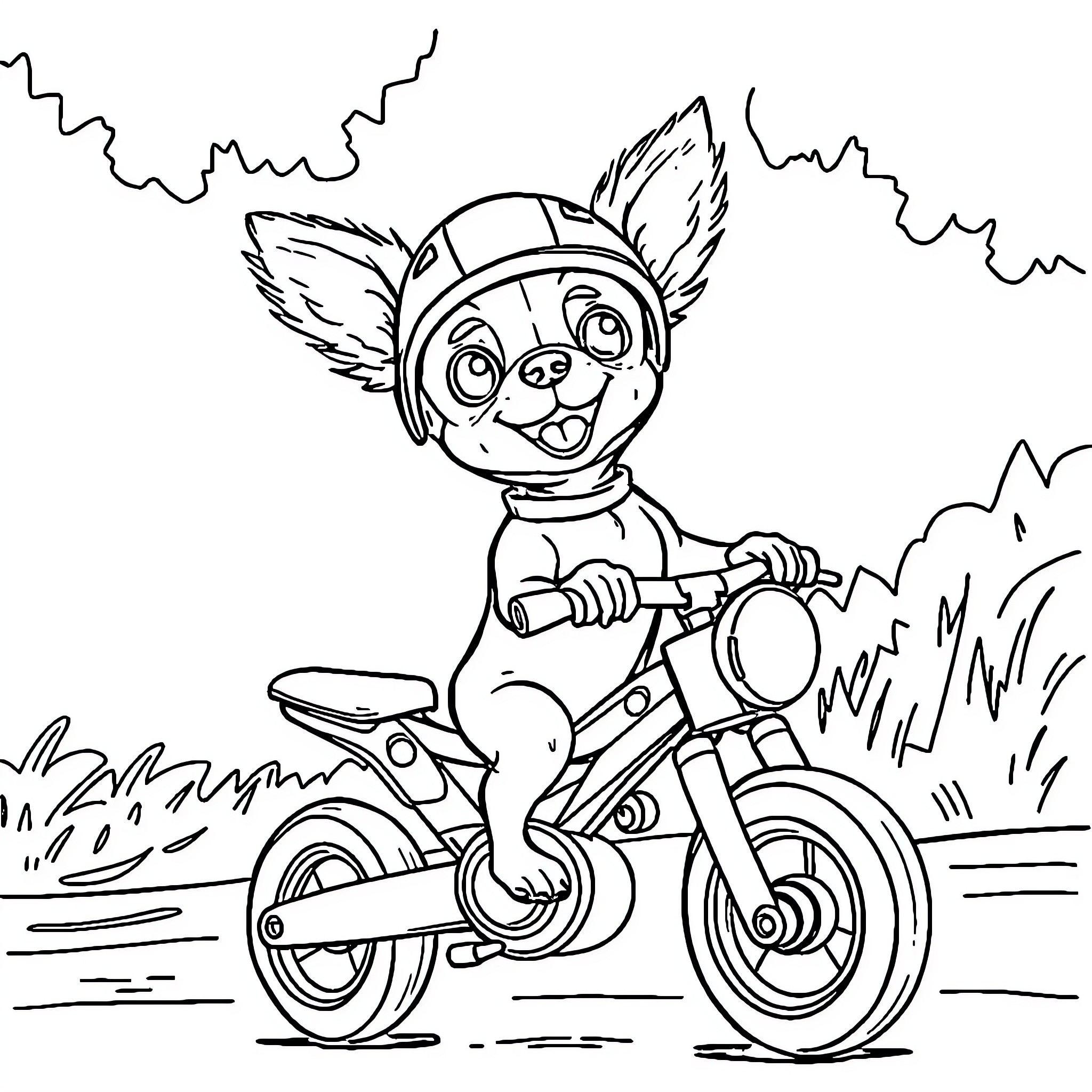 Chihuahua riding a motorcycle with enthusiasm Coloring Page (free black-and-white line drawing printable PDF for all, from beginners to advanced learners, including children, teens, adults, and seniors)