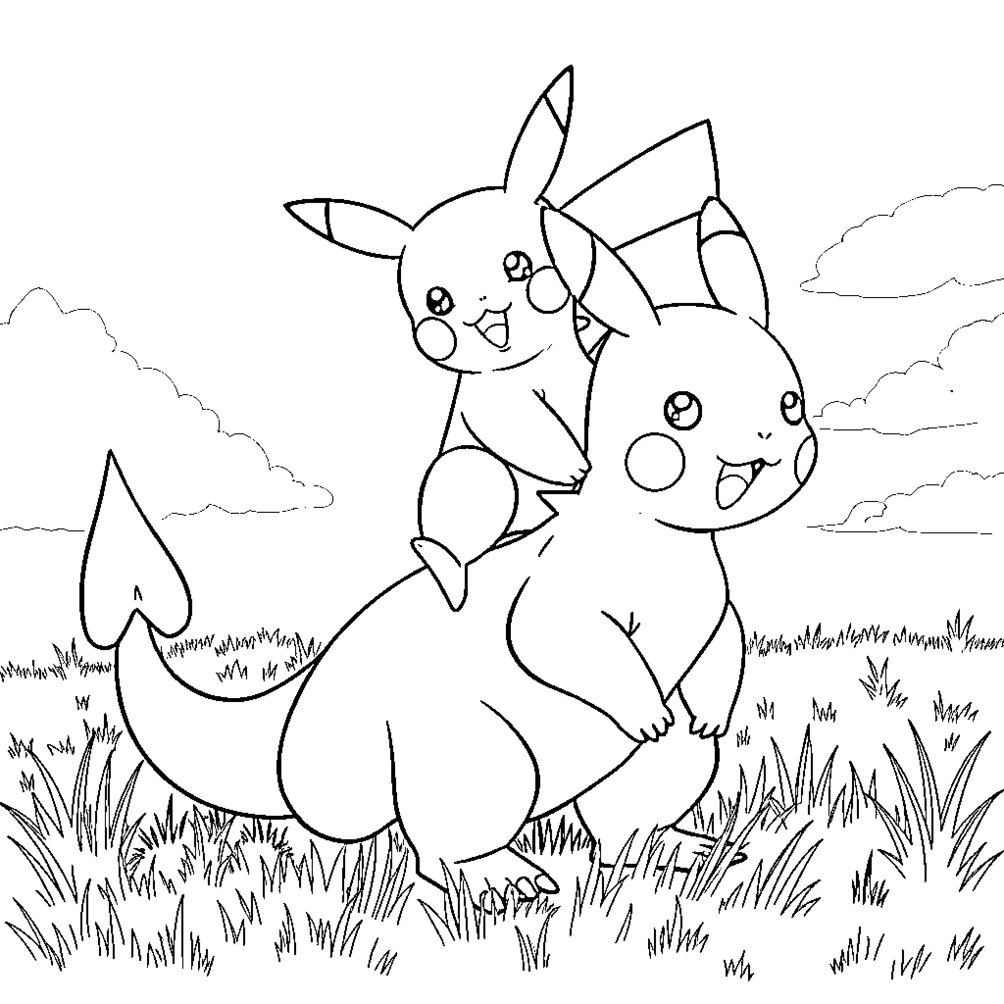 Pikachu and friends in a playful scene Coloring Page (free black-and-white line drawing printable PDF for all, from beginners to advanced learners, including children, teens, adults, and seniors)