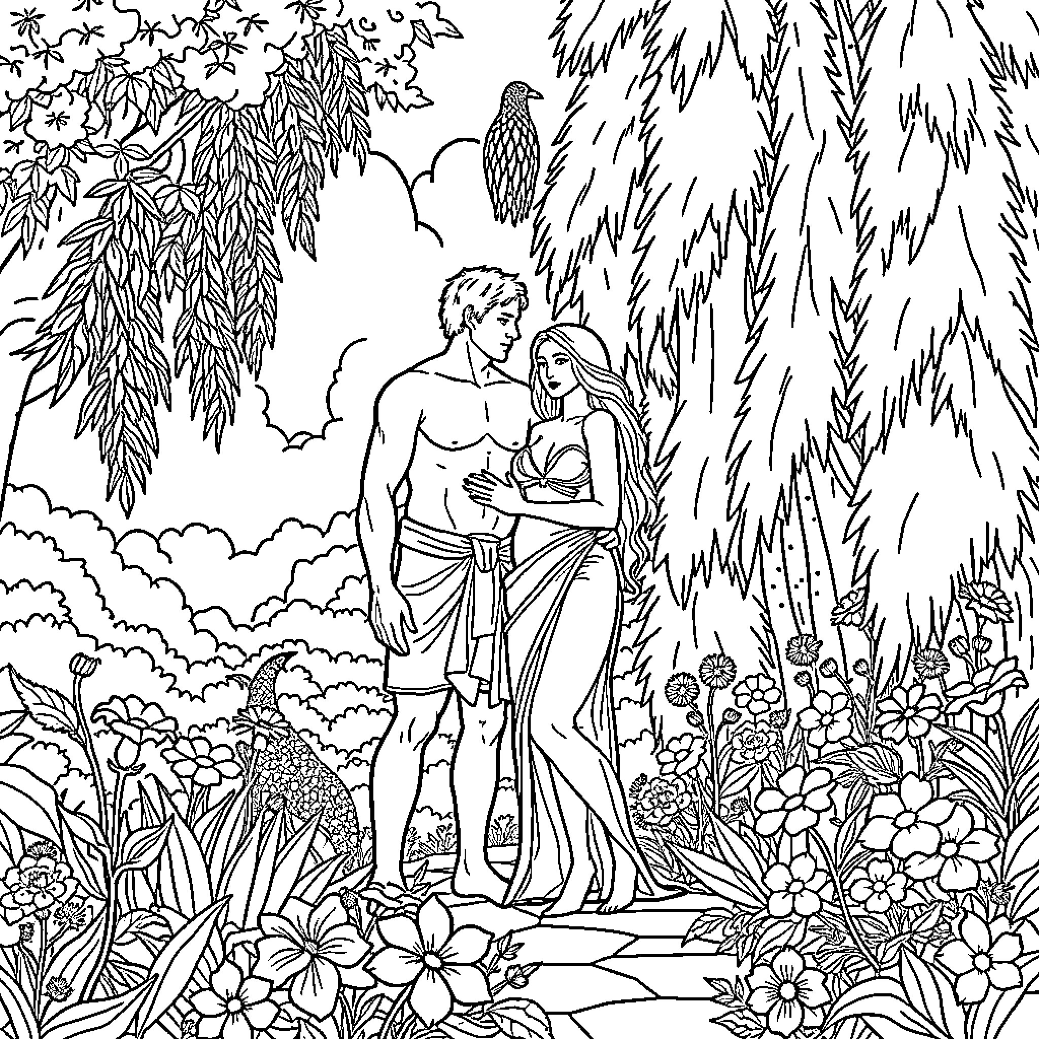 Adam and Eve in the Garden of Eden Coloring Page (free black-and-white line drawing printable PDF for all, from beginners to advanced learners, including children, teens, adults, and seniors)