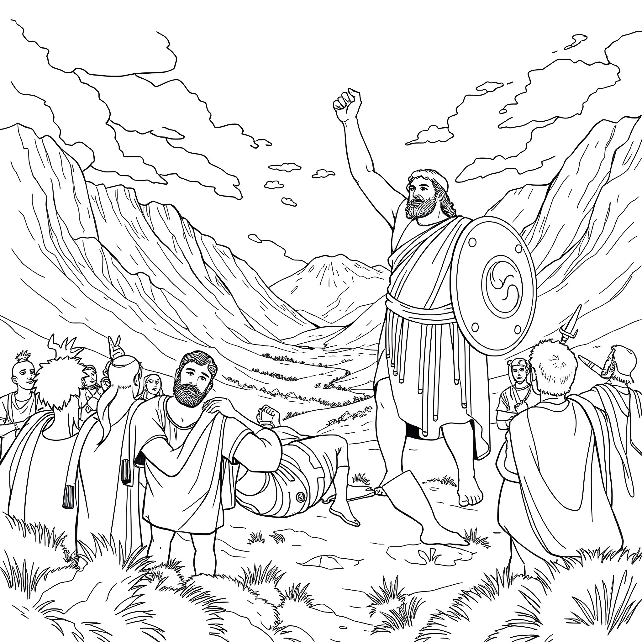 David leading his people through the wilderness Coloring Page (free black-and-white line drawing printable PDF for all, from beginners to advanced learners, including children, teens, adults, and seniors)