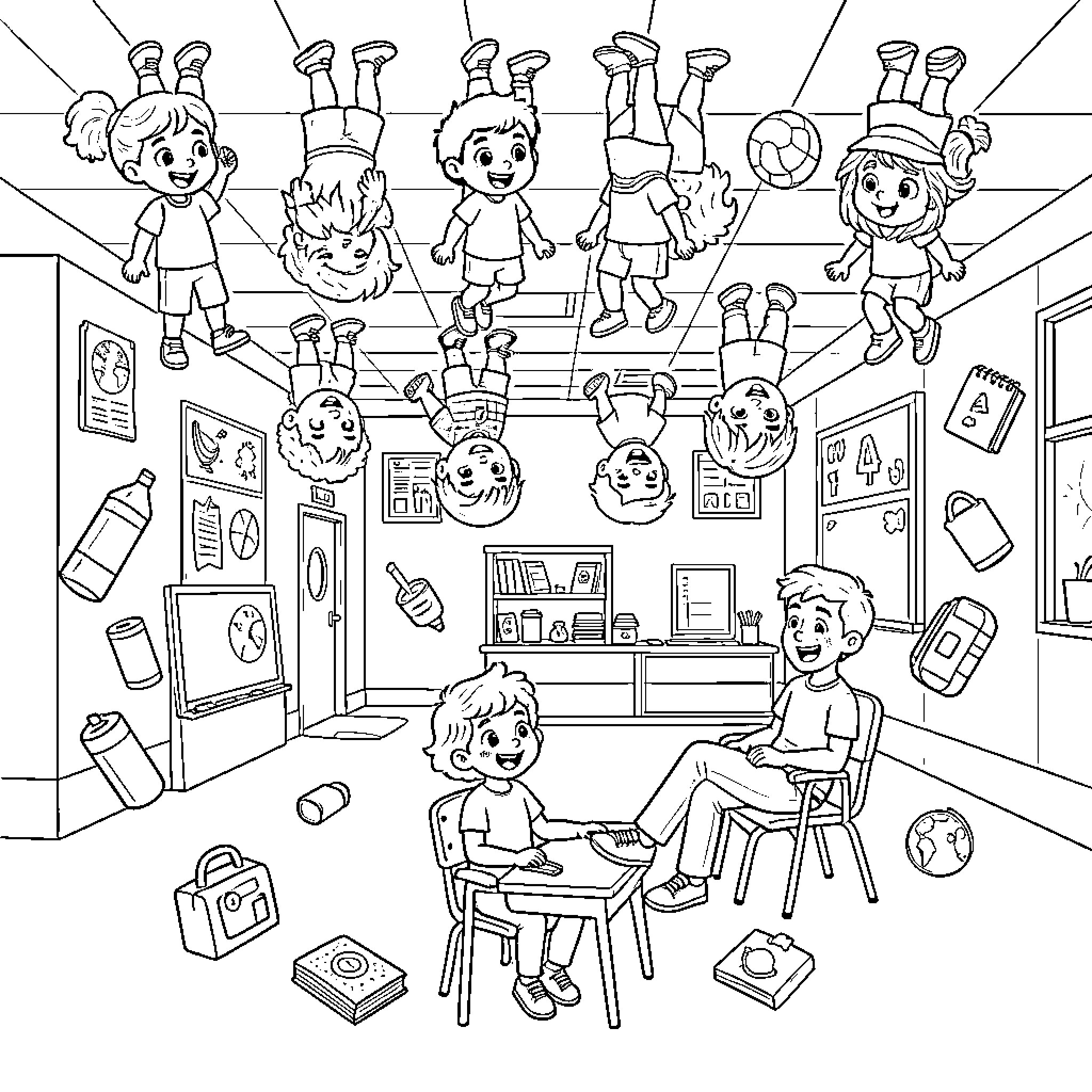 World of Fun and Learning in the Classroom Coloring Page (free black-and-white line drawing printable PDF for all, from beginners to advanced learners, including children, teens, adults, and seniors)