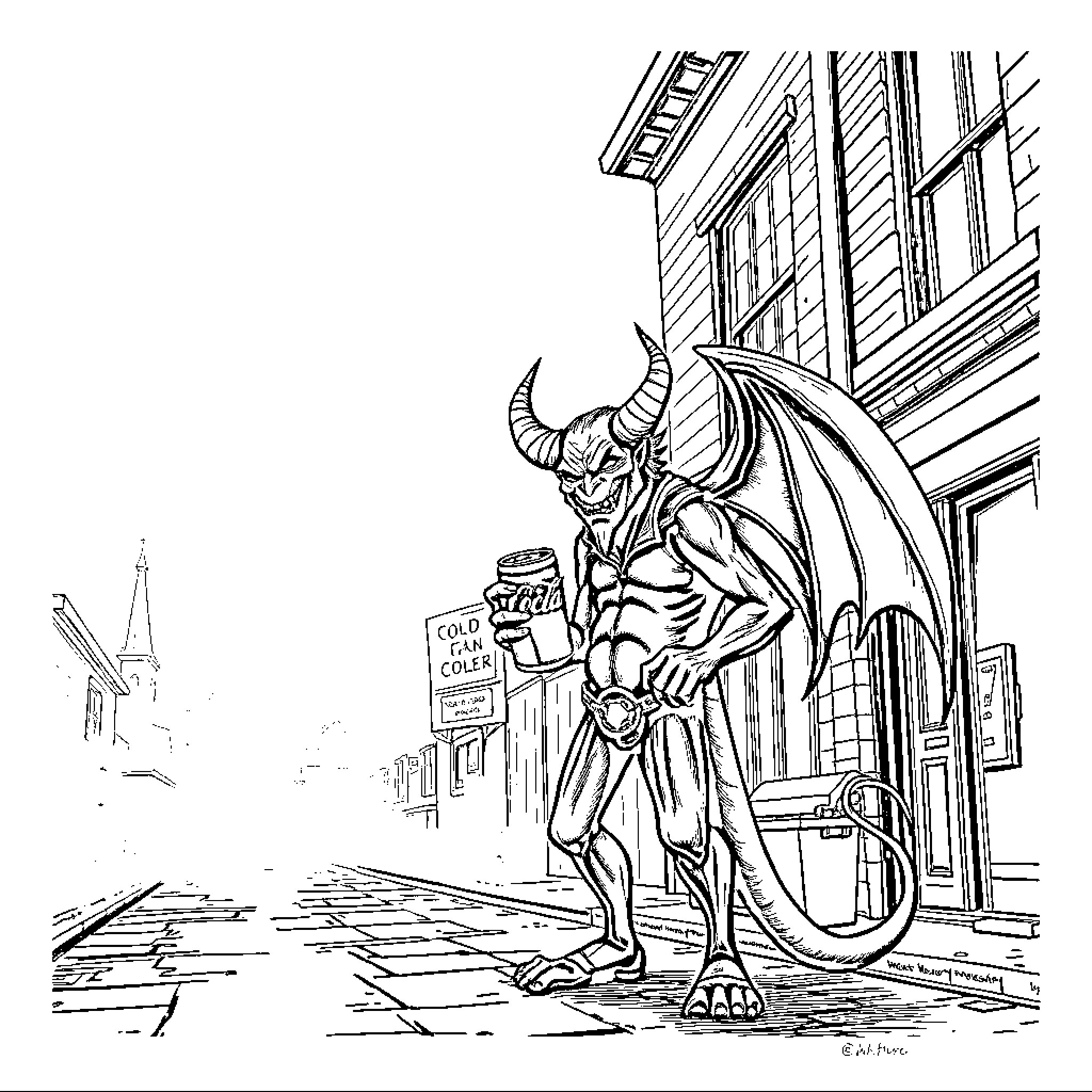 Demon Gargoyle Guarding the City Streets Coloring Page (free black-and-white line drawing printable PDF for all, from beginners to advanced learners, including children, teens, adults, and seniors)